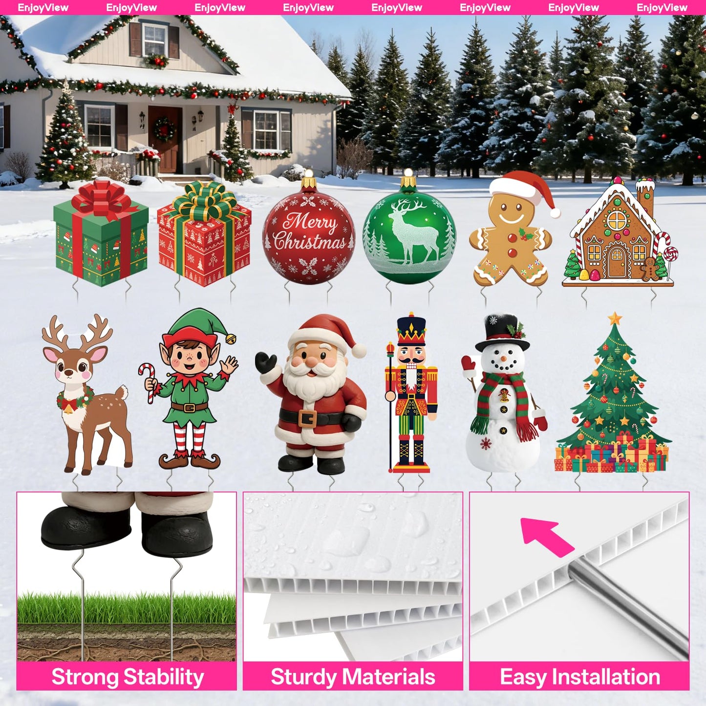 EnjoyView Christmas Ball Yard Sign with Metal Stakes, 14inch Outdoor Holiday Lawn Decorations, Xmas Sign for Porch Garden, Yard, Pathway & Party Decor Weatherproof Coroplast 1Piece