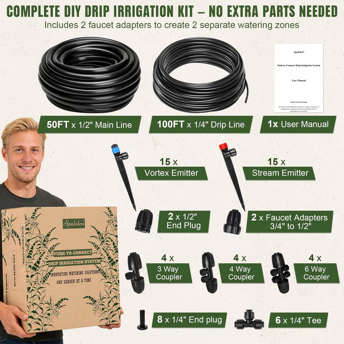Push-to-Connect Drip Irrigation System Adjustable Irrigation System for Garden Raised Bed Automatic Plant Watering System Complete Drip Irrigation Kit with Drip Emitters, Tubing, Connectors