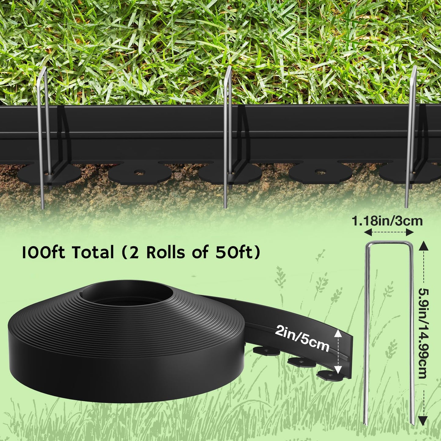Bluepro Landscape Edging, 2 Inch 100 ft Garden Border Edging Upgraded with 150 Steel Stakes (Strong) & Reinforced Design - Durable Plastic Garden Border for Flower Beds, Lawn & Yard