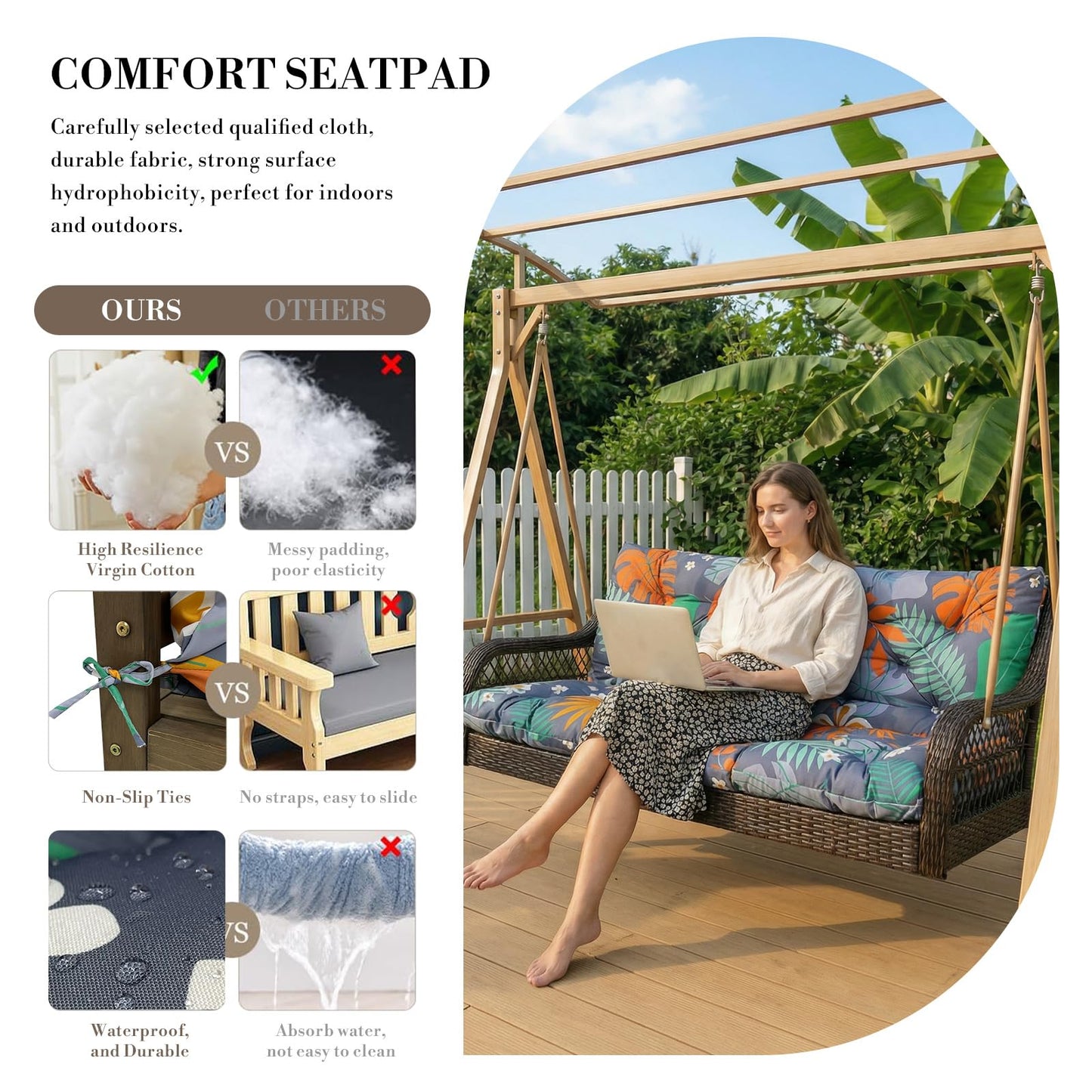 Outdoor/Indoor Swing Replacement Cushion,2 or 3 Seats Bench Cushions with Backrest, Thicken 4" Recliner Seat Pad for Garden/Patio, Waterproof Premium Tufted Cushion with Ties(Flower Leave-60x40x4in)