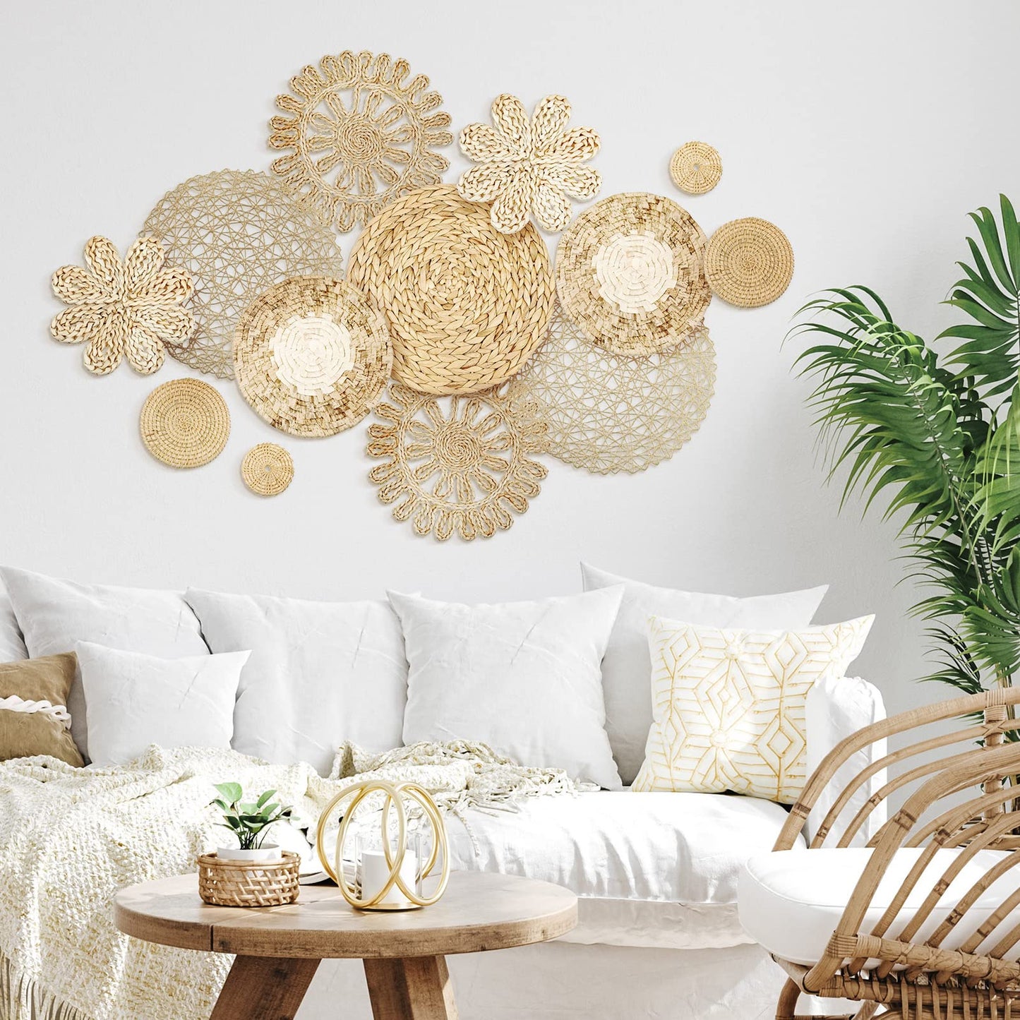 Glenmal Set of 13 Boho Wall Basket Decor Woven Rattan Flat Baskets Handmade Boho Wicker Bamboo Seagrass Wall Hanging Decor for Bedroom Living Room Dining Room Office Ready to Hang(Plain)