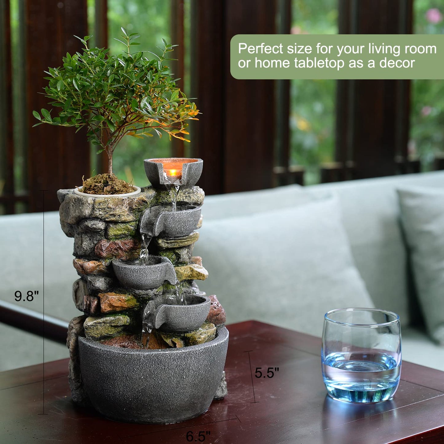 Haobos Indoor Fountain 4-Bowl Rockery Soothing Sound Tabletop Fountains Home/Office Decor Gift for Mom,Mother Day Present with A Small Plastic Pot to Grow Plant/Hebs By Yourself (Automatic Watering)
