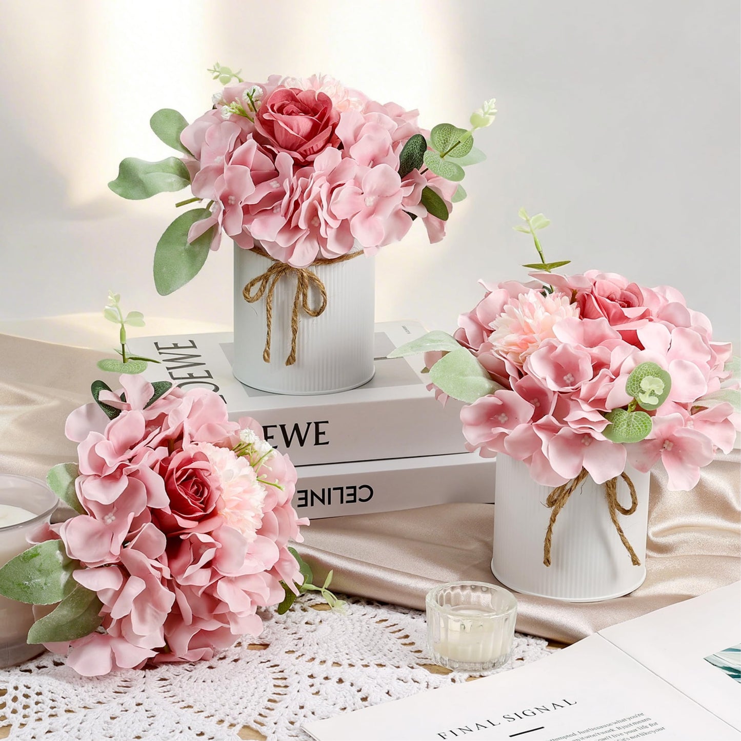 Auihiay 10PCS Flower Table Centerpieces, Hydrangea Artificial Flowers with Vase, Faux Silk Hydrangea Flowers Arrangement for Spring Wedding Table Centerpiece Floral Vase Home Office Decor (Pink)