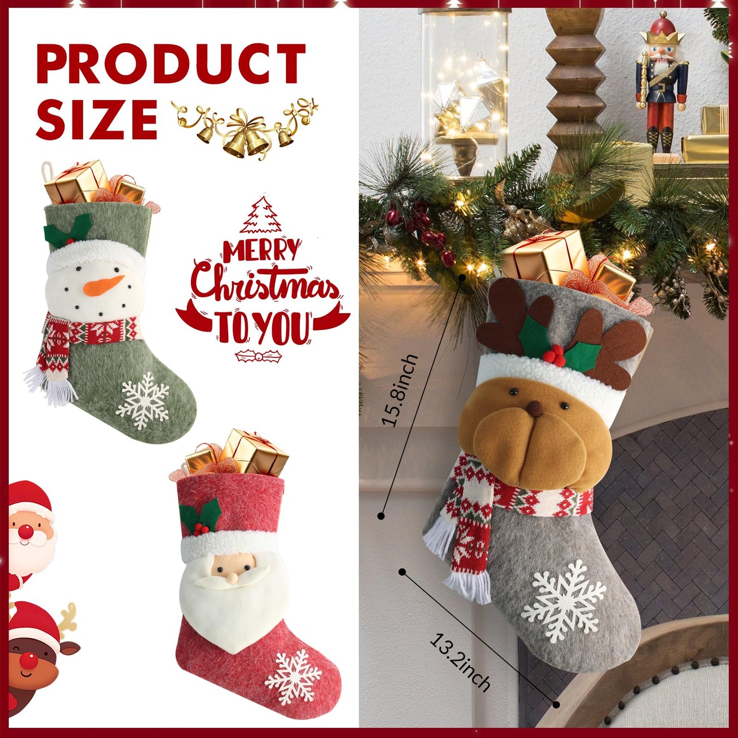 Fruasio 18.5 Inch Christmas Stockings for Hanging Set for 3, Large Xmas Fireplace Mantel Socks with Snowman, Reindeer & Santa, Classic Holiday Hanging Decorations for Home, Party & Gift Stuffers