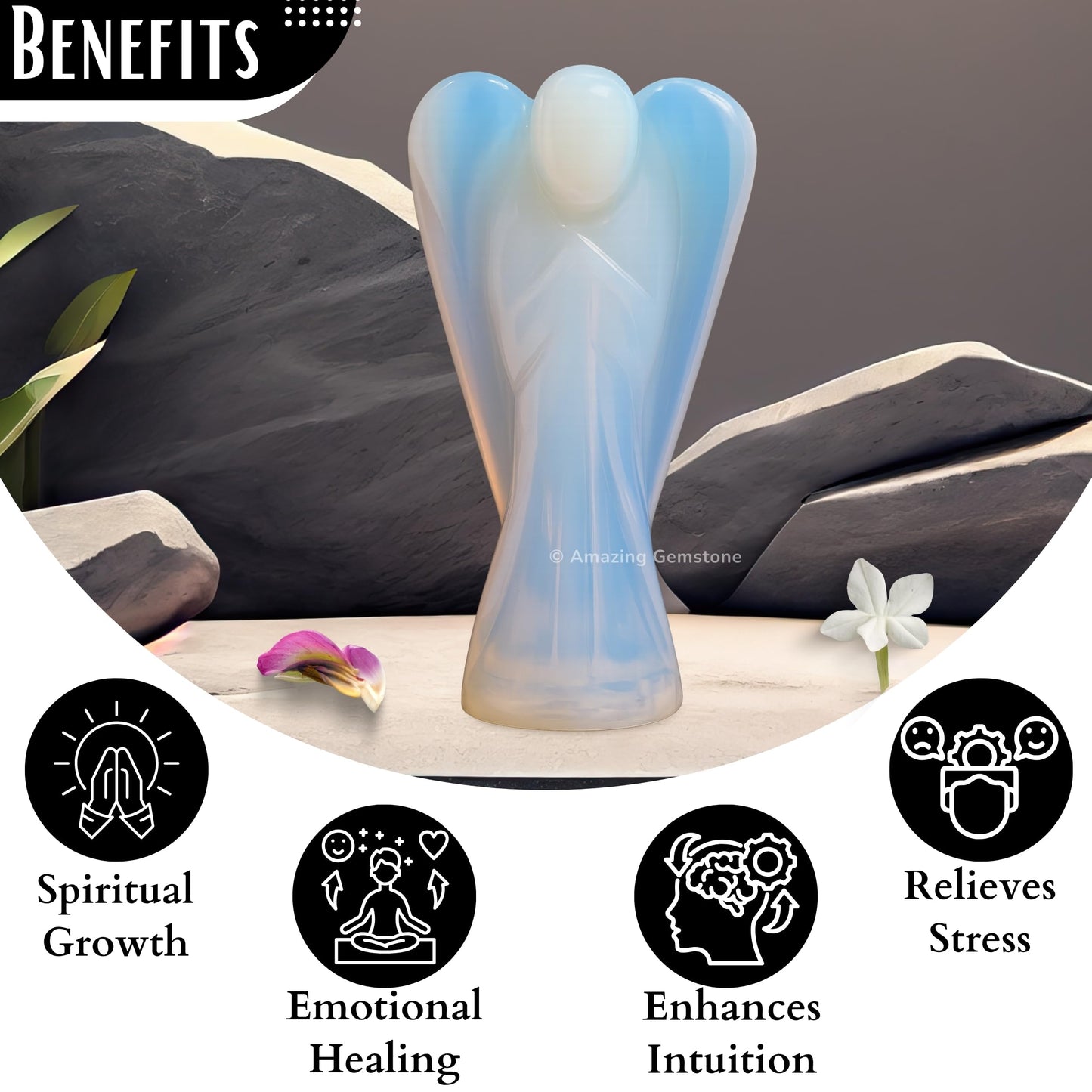 Amazing Gemstone Opalite Crystal Guardian Angel Figurines Ornament for Healing Birthstone, Decoration Statue (Hand Carved Pocket Gemstone Angel) (2 inch)