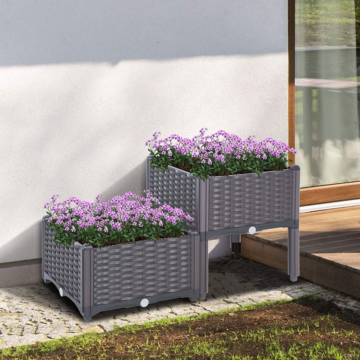 Set of 2 Plastic Raised Garden Bed Kit, Indoor Outdoor Elevated Planter Box, Rattan-Style Plant Containers with Self-Watering Design, for Growing Vegetables, Flowers, Herbs