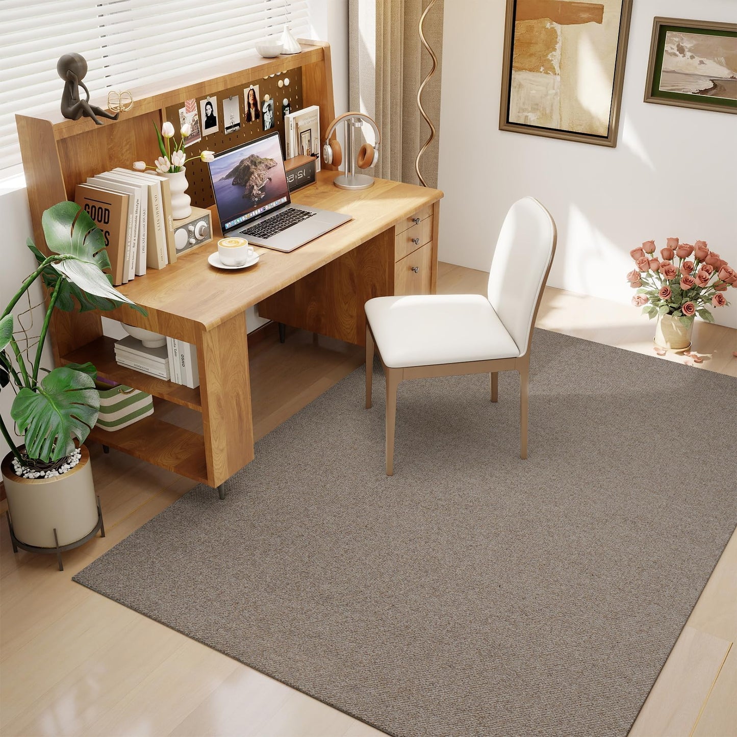 jxgzyy 100% Wool Area Rug 5'×7', All-Natural Plateau Wool Carpet with Cotton Backing, 0.28'' Low Pile Non-Shedding Modern Minimalist Style for Bedroom Living Room and Home Office, Solid Brown