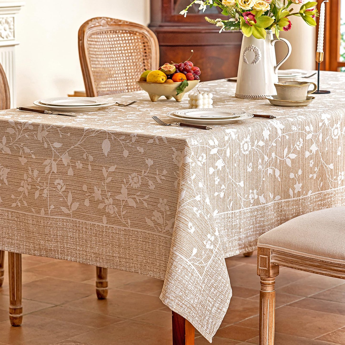 Midsummer Breeze Tablecloth for Rectangle Tables, Rustic Table Cloth Burlap Floral Tablecloth Farmhouse Kitchen Dining Table Cover, Soft Cloth Table Cloths (Beige, 60" X 75", 4-6 Seats)