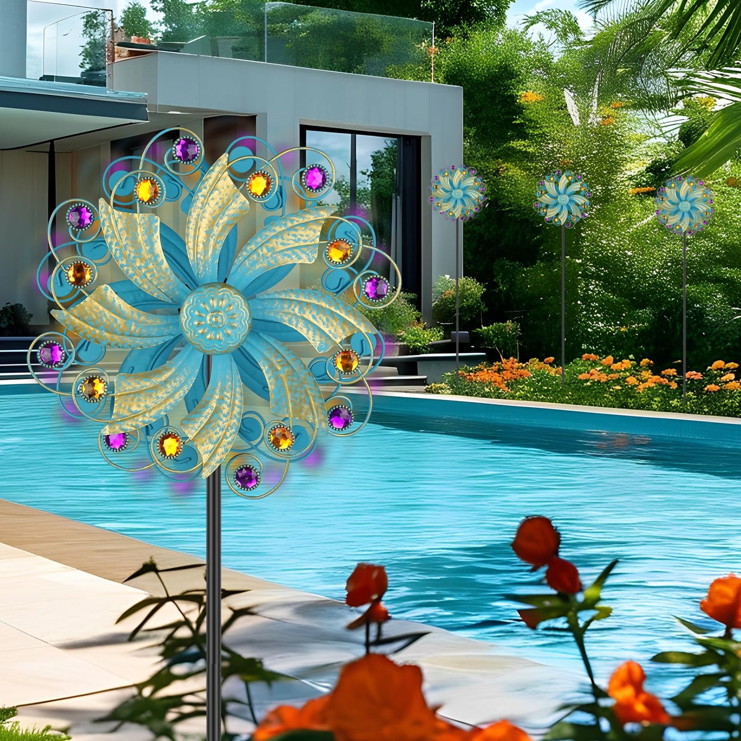 Jusimux Metal Wind Spinners Outdoor, Golden Kinetic Wind Sculpture Garden Pinwheels with Metal Stake, Yard Art Decor for Patio, Lawn & Garden, Creative Gifts 57.5 * 13 Inch