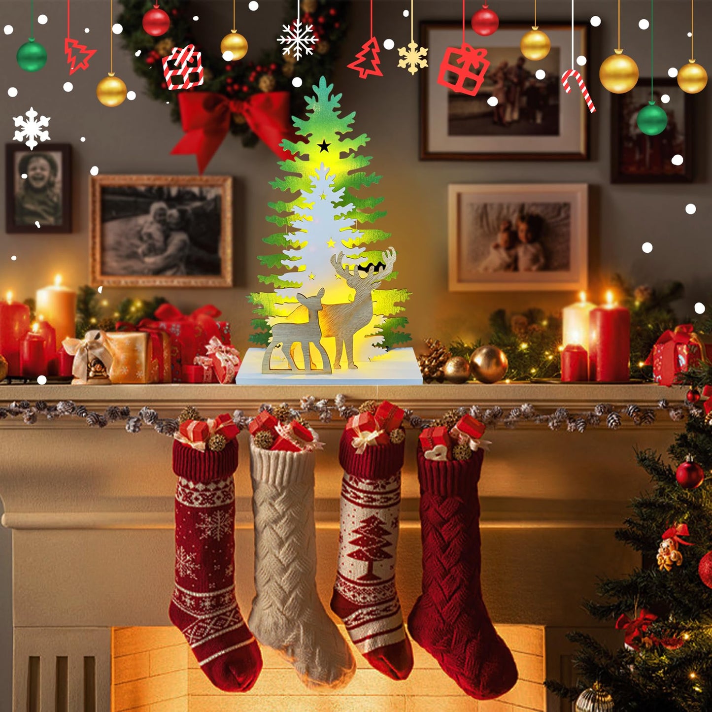 Lighted Christmas Tabletop Decorations,Supergorea,Wooden Christmas Tree and Deer Table Decor,LED Wood Craft Light 2AA Battery Powered 12.7 inch for Xmas Home Decoration(Indoor)