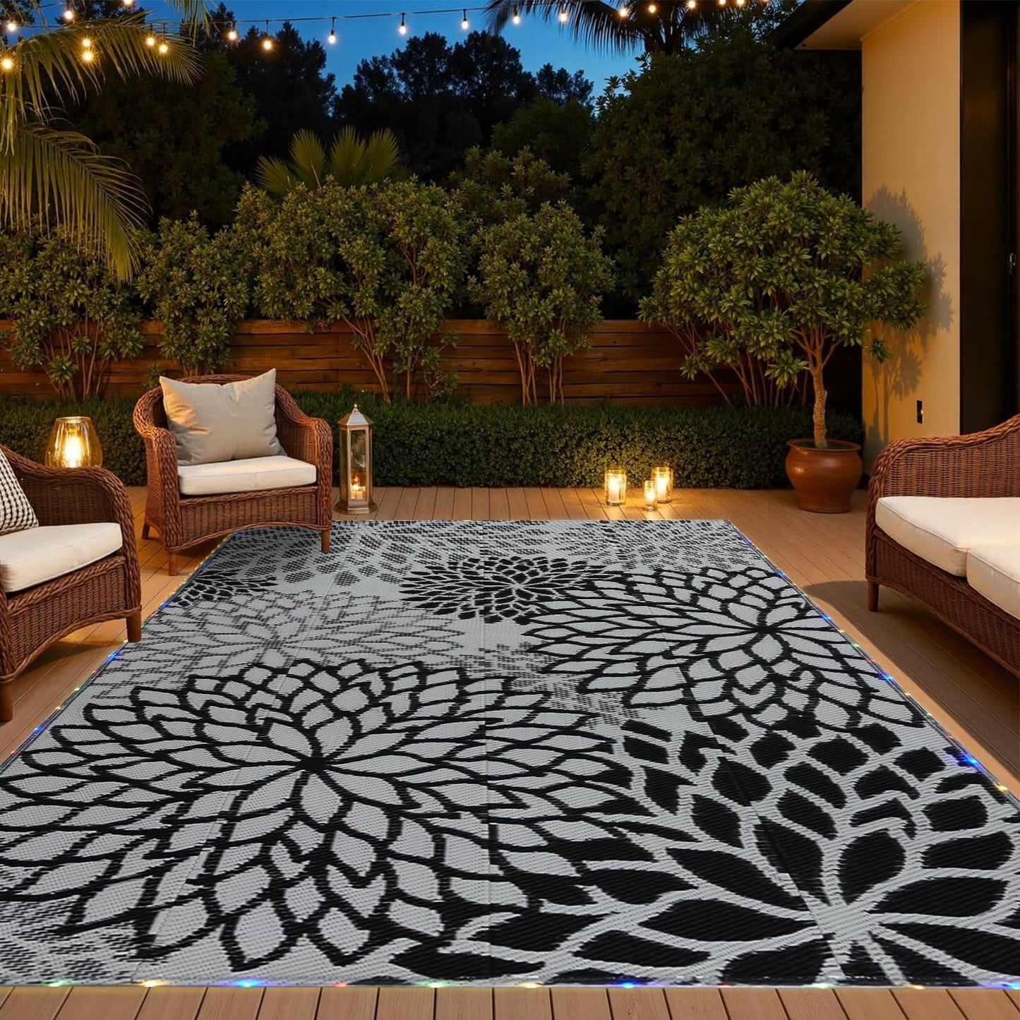 YONILE Outdoor Rug 8x10 ft with LED Light, Waterproof Reversible Outdoor Plastic Straw Rug for Patios Clearance, Large Outdoor Area Rug Carpet RV Mat for Camping Backyard Deck Porch Beach