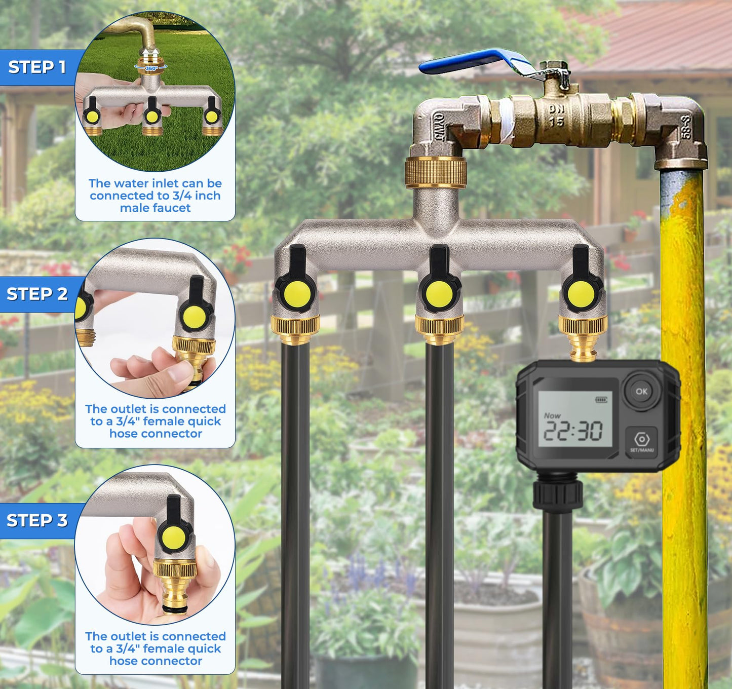 Anstore Garden Hose Splitter, 3/4" Water Hose Splitter 3 Way Heavy Duty with 3 Black Handle, Brass Nickel Plated Outdoor Faucet Splitter Water Spigot Splitter Manifold Rust and Freeze Resistant
