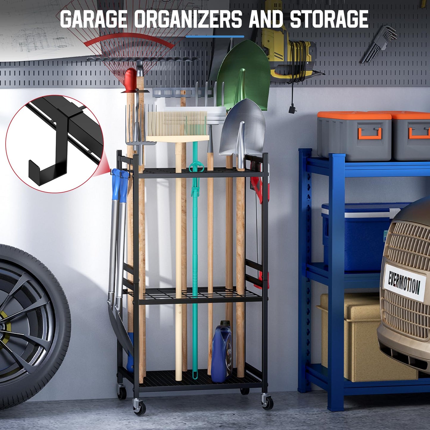 DAOUTIME Garden Organizer With Wheels, Yard Tower Rack for Garage Storage, Up to 35 Long-Handled Tools, Sturdy Metal Steel Holder With 3 Hooks, Outdoor, Black