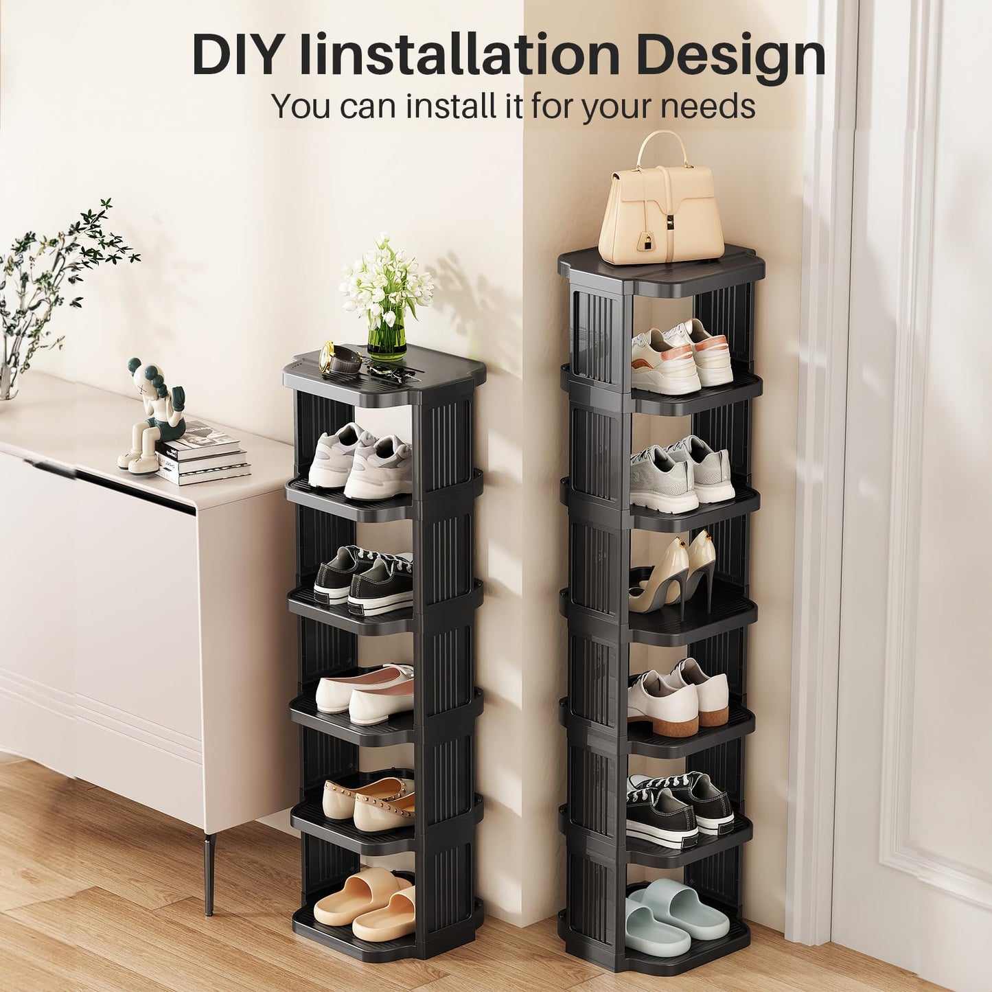 Kitstorack 8-Tier Vertical Plastic Shoe Rack, Freestanding Stackable Storage Organizer for Small Closets and Tight Spaces