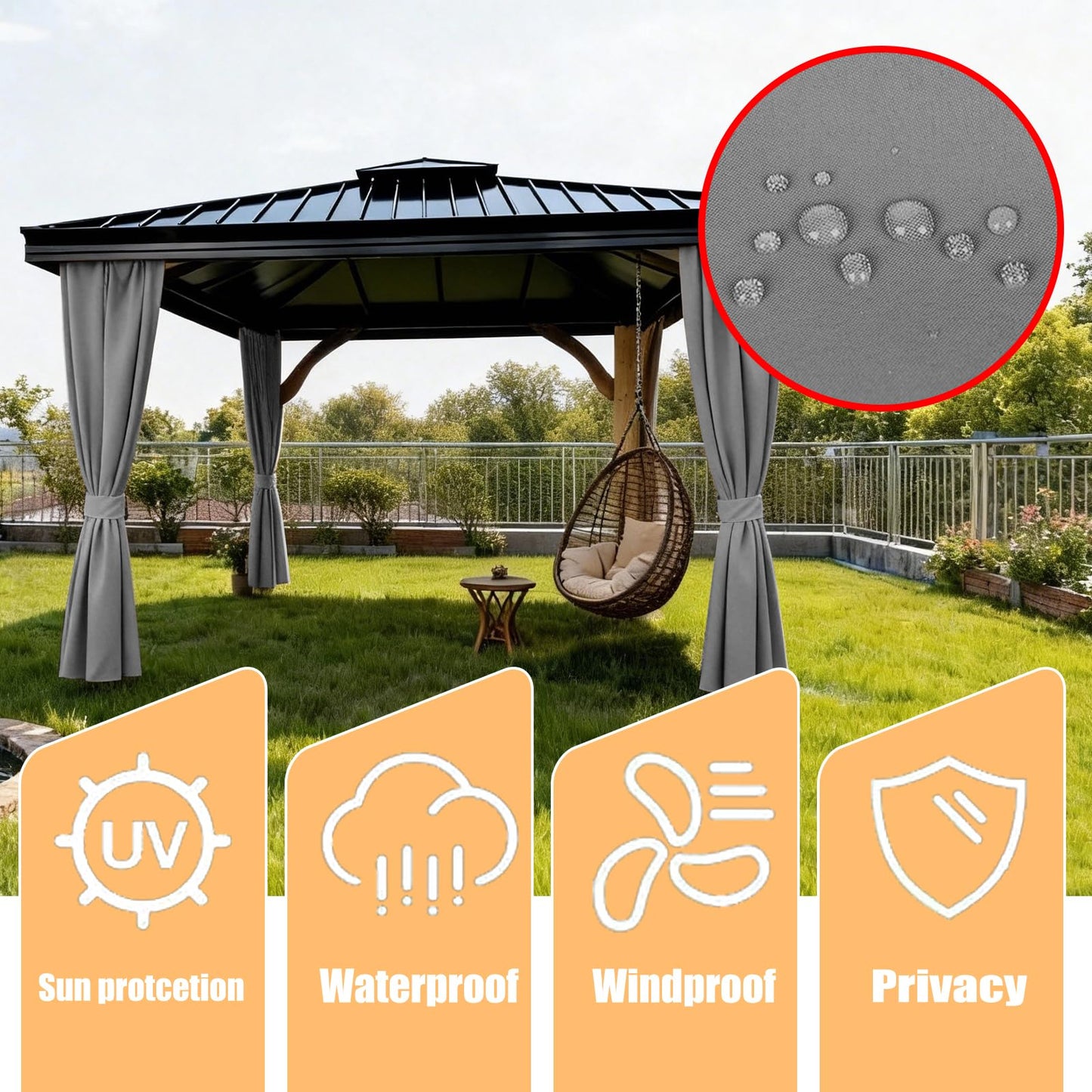 GarPad Gazebo Curtain Replacement Universal Privacy Curtain, 4-Panels Sidewall 10'X12' Curtain Gazebo Outdoor with Zipper,Universal Replacement for Patio Privacy Screen Grey(Only Curtain)