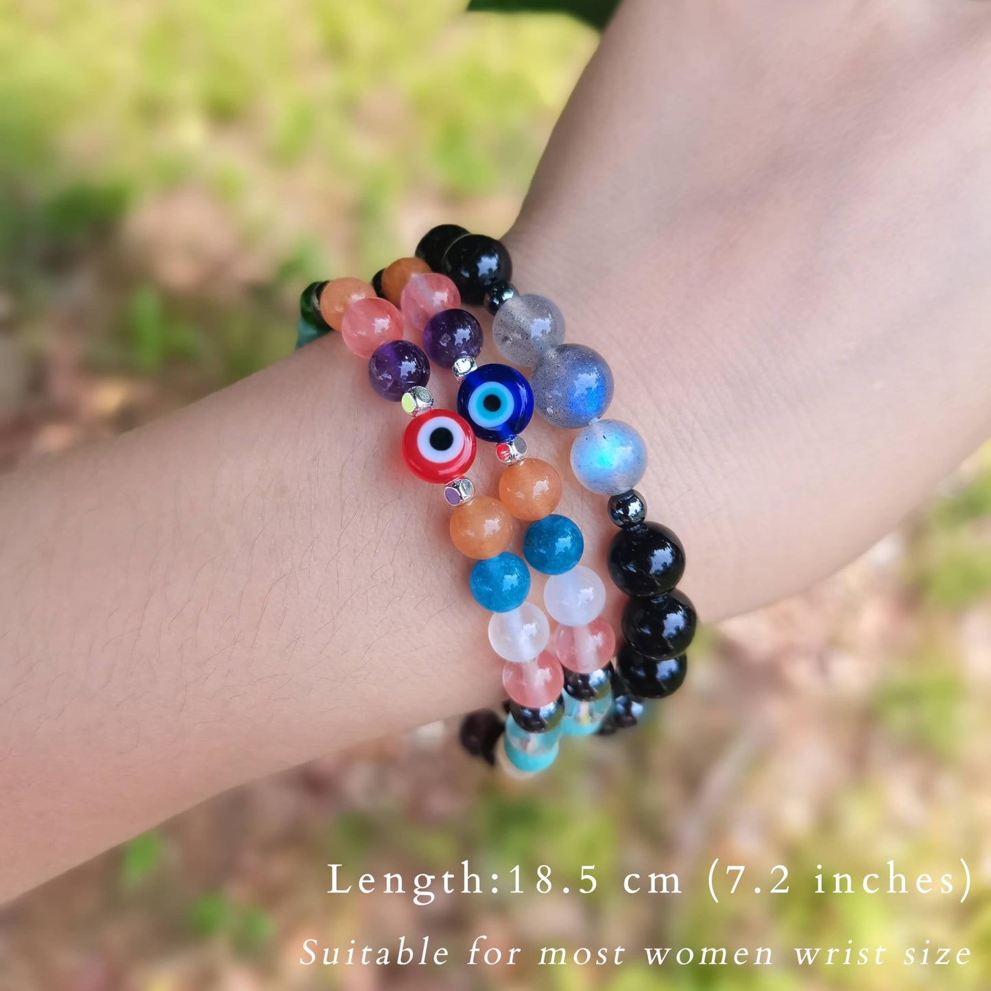 DLYFNVEV Blue Evil Eye Bracelet Triple Protection Healing Crystal Beads Colorful Gemstone for Women Rainbow Good Lucky Natural Stone Charm Boho Bohemian Jewelry empath health Gifts