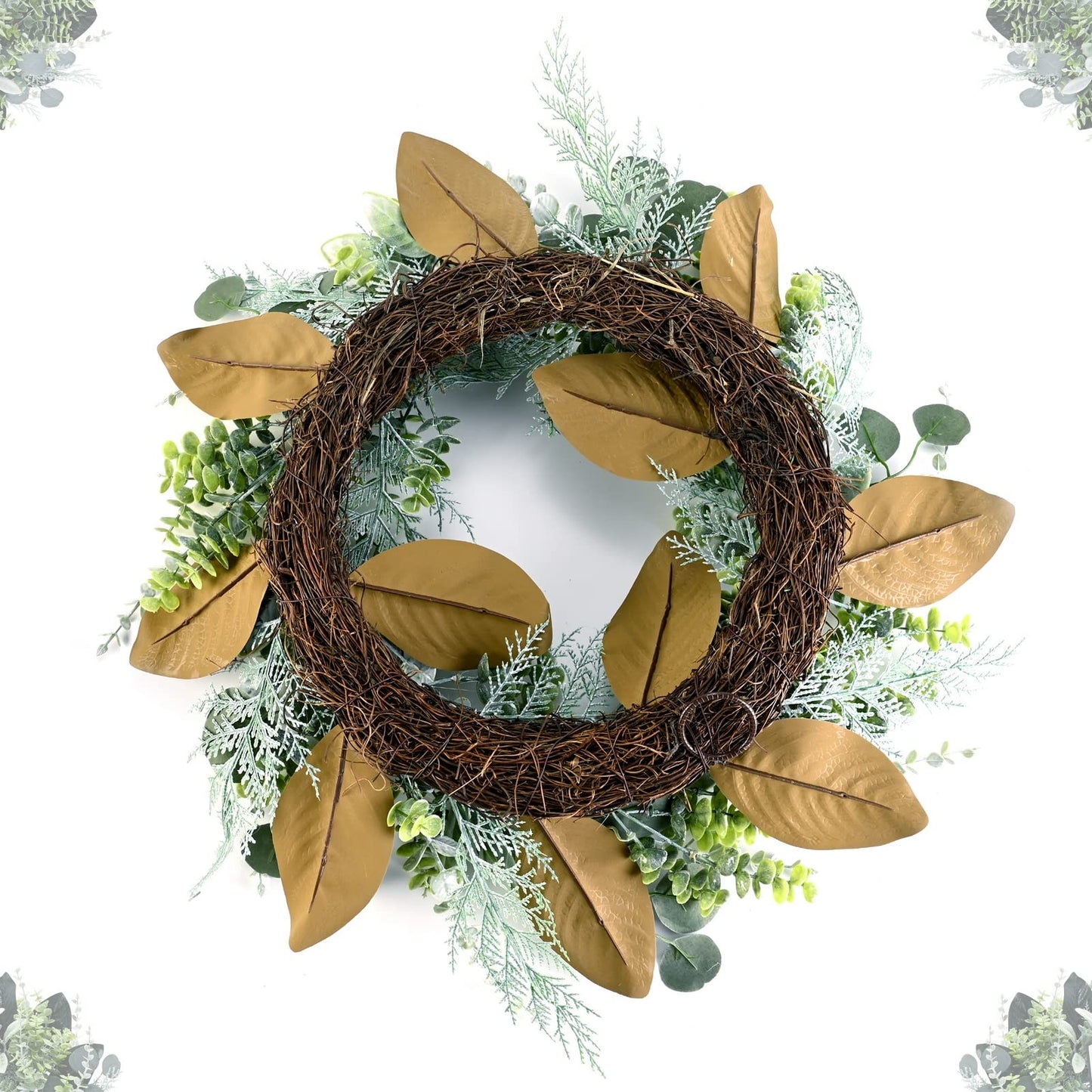 24'' Hello Door Wreath 24inch Boxwood Wreath Farmhouse Eucalyptus Flocked Lambs Ear Wreaths for Front Door Hanging Wall Window Party Decoration