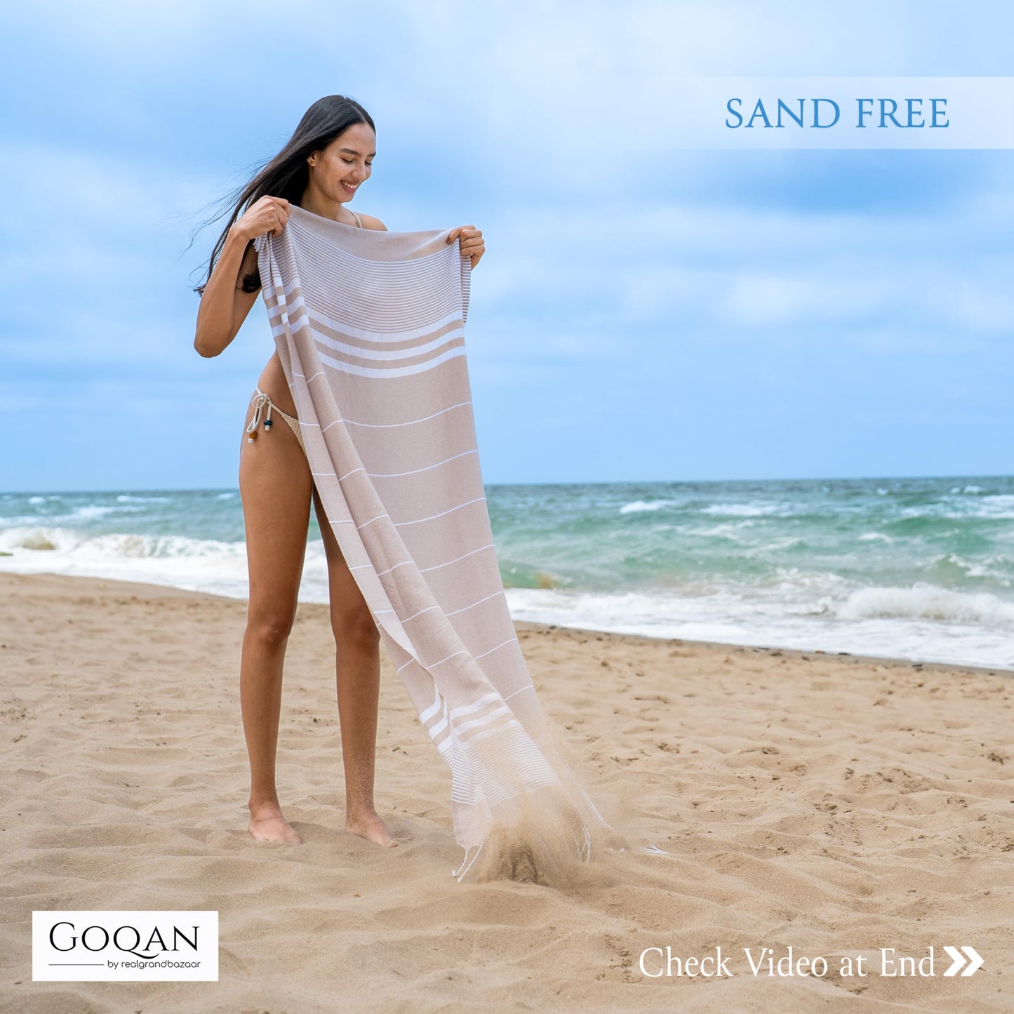 realgrandbazaar GOQAN Turkish Beach Towel Oversized 39x71 | Thin, Lightweight, 100% Cotton and Sand Free Towel is Suitable for Beach, Bathroom, Pool, Travel & Swim - Beige