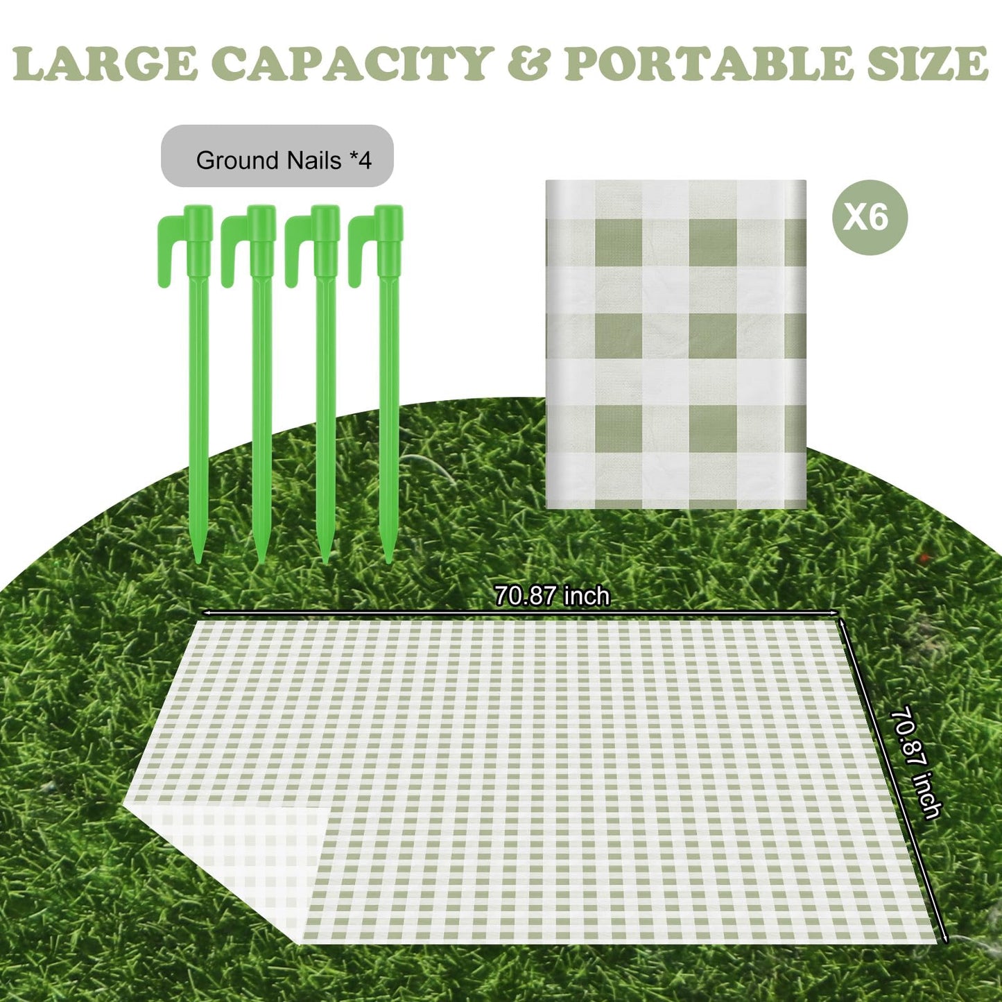 HunnmingRe 6 Pcs Disposable Outdoor Picnic Blankets 71''x71'' Thicken Foldable Waterproof Picnic Mats Gingham Oil Proof Camping Blankets with 4 Ground Spikes Beach Travel Hiking(Green and White)