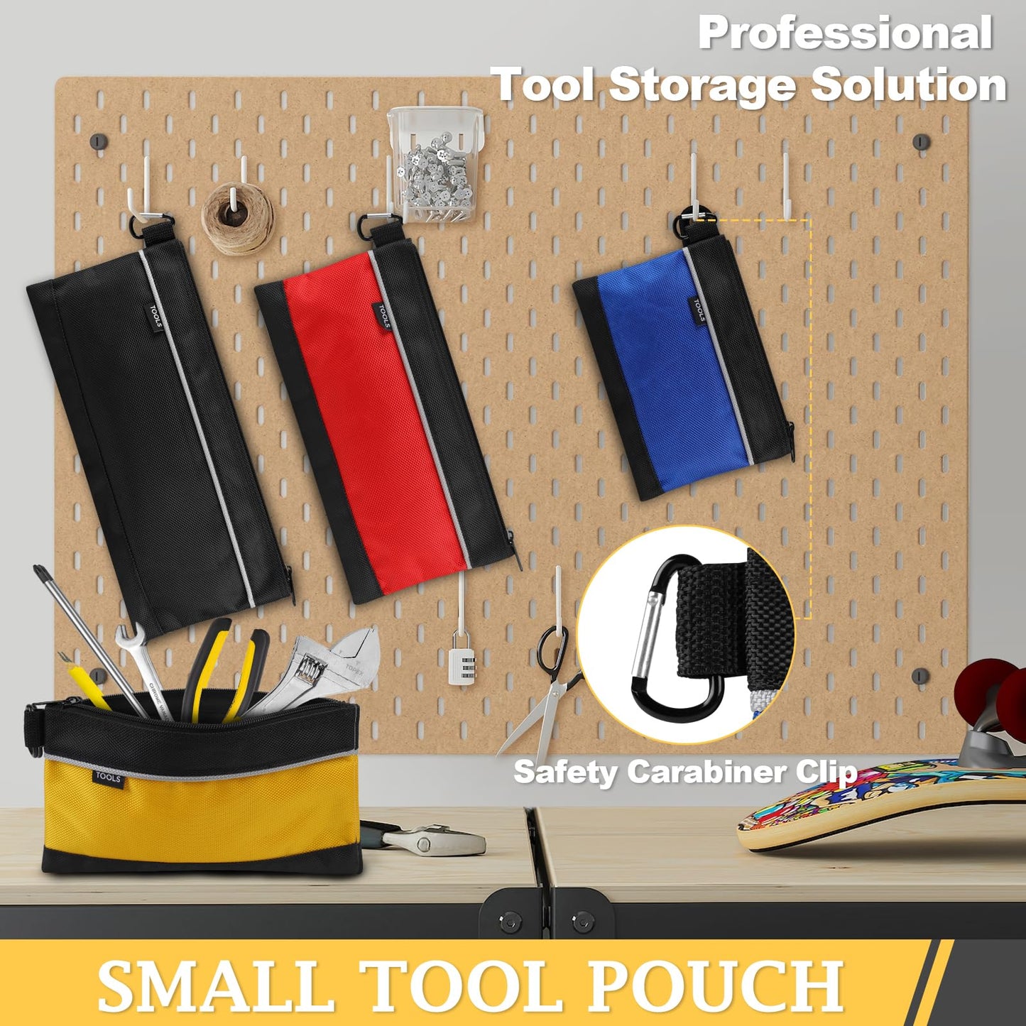 COIDEA 4 Pack Tool Pouch, Small Tool Bag with Zipper, 1680D Oxford Waterproof Multipurpose Tool Pouches with Carabiner for Men Tools, Travel Accessary, Stationary, Gadgets Storage Organizer, PSGJD-X4