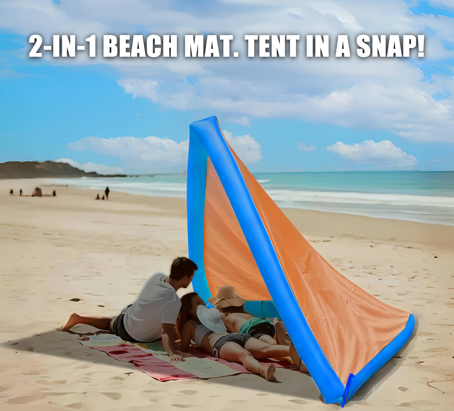 ROMIVO Beach Blanket, Large Beach Blanket Sandproof, 79"x83" Beach Mat for Family, Beach Mats with Pillow, Camping Sleeping Mat Portable Outdoor with Side Walls, Beach Essentials (Blue-Orange)