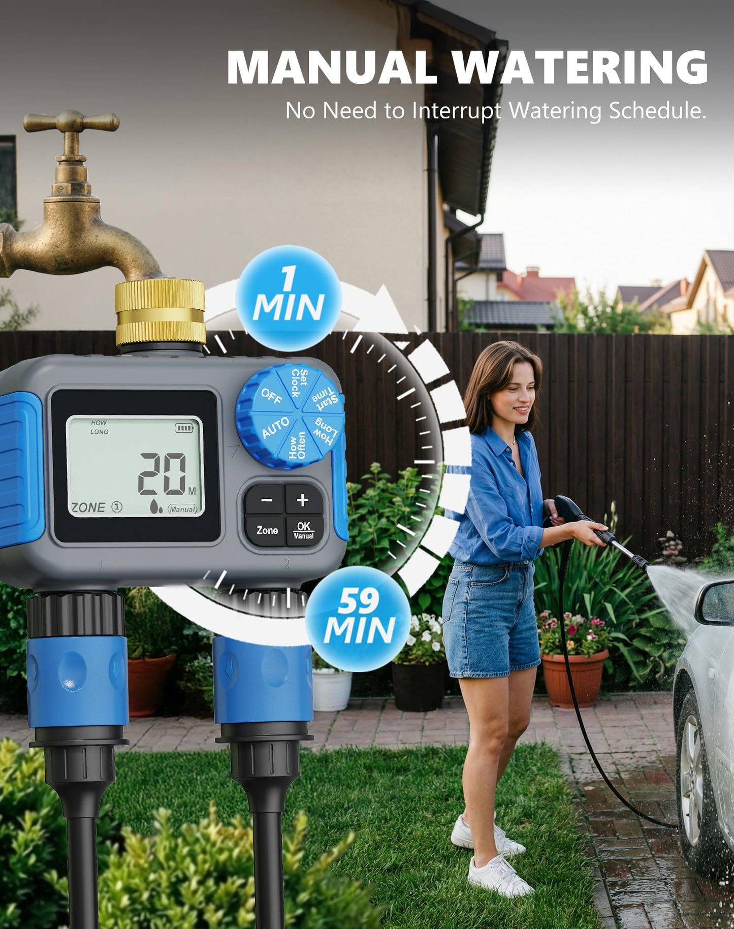 Grillum Sprinkler Timer with Brass Swivel, 2 Zone Hose Timers for Watering, Digital Irrigation Timer with Rain Delay & Manual Mode, Automatic Watering System for Outdoor Garden Lawn Yard