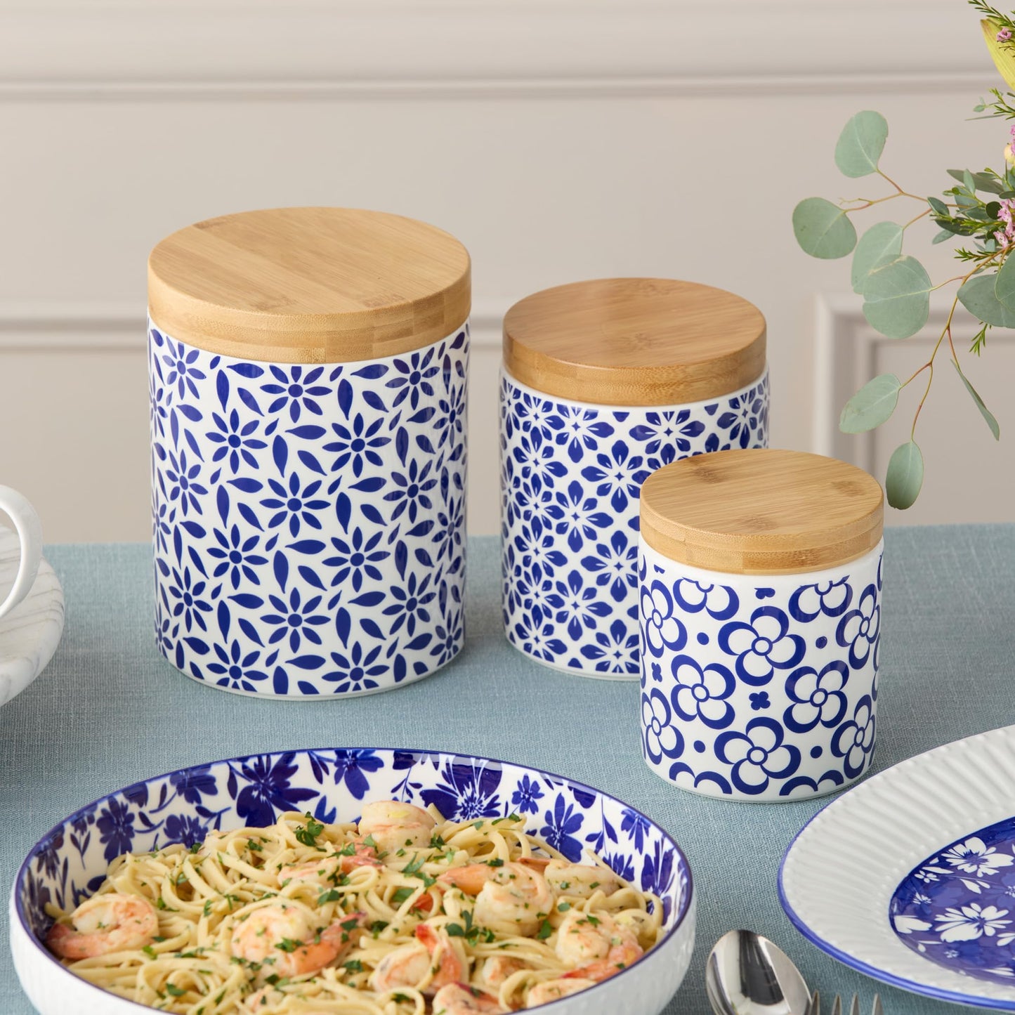 Madison 3pc Canister Set - Premium Porcelain with Bamboo Lids, Blue and White Patterns - Large 96 oz, Medium 80 oz, Small 30 oz - Perfect for Pantry Storage and Organization
