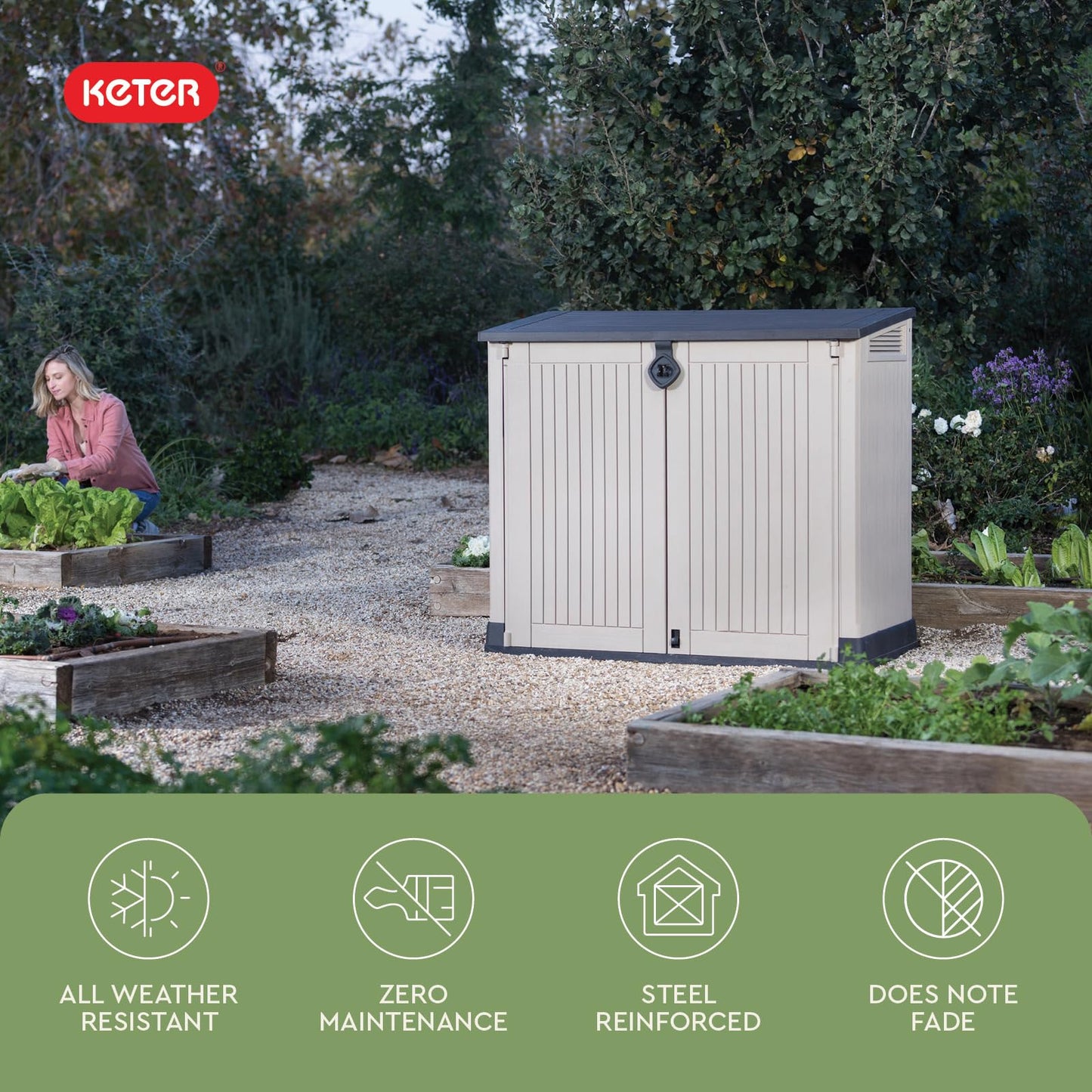 Keter Store-It-Out MIDI Outdoor Resin Storage Shed – Weather-Resistant Horizontal Cabinet for Trash Cans, Garden Tools & Patio Accessories – Lockable, Easy-Lift Lid, 30 Cu. Ft. Capacity, Beige