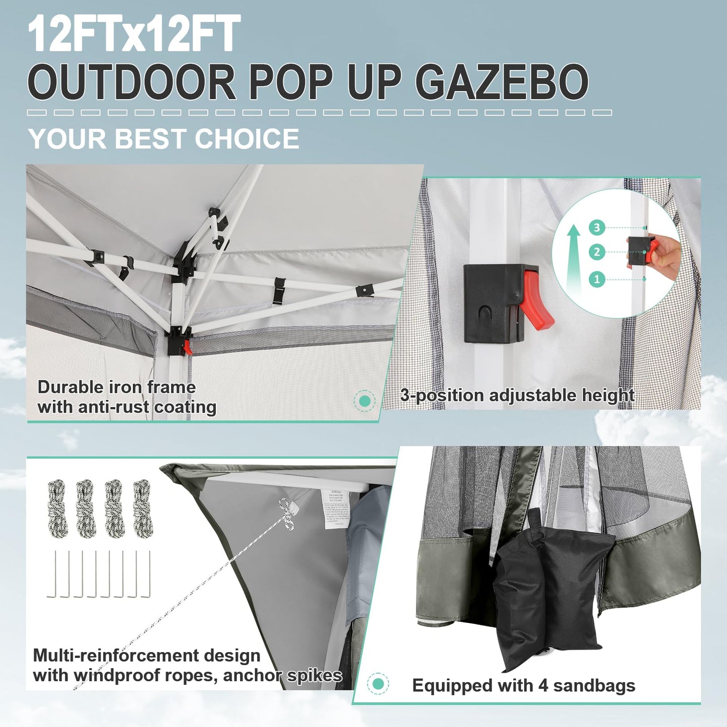 COBIZI 12x12 FT Pop up Gazebo on Clearance Outdoor pop up Canopy Tent,carpas para Patio, Shelter Tents with Netting & Portable Carry Bag, Patio Gazebos for Camping, Garden & Lawn, Darkgrey(Upgraded)