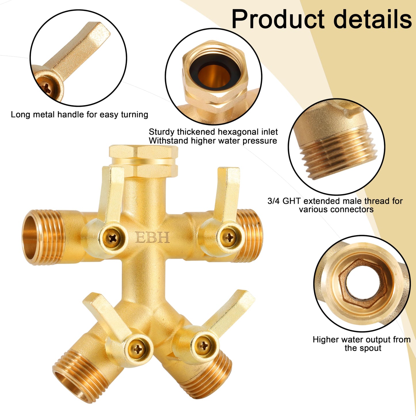 EBH Brass Garden Hose Splitter Full Flow, Outdoor Faucet Heavy Duty Hose Splitter 4 Way High Flow, 3/4-Inch Multi-Angle Spout with 4 Individual On/Off Valve and Extended Handle