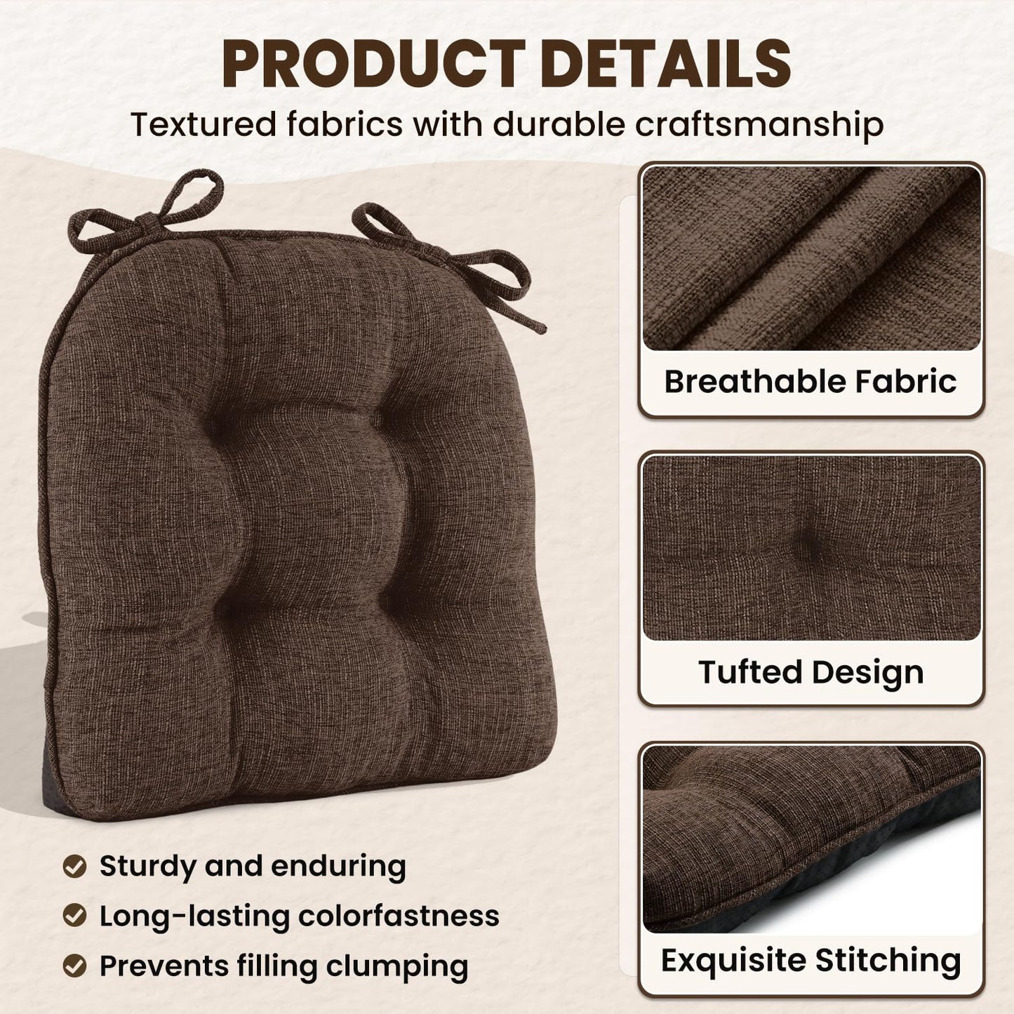 downluxe Indoor Chair Cushions for Dining Chairs, Tufted Overstuffed Textured Foam Kitchen Chair Pads with Ties and Non-Slip Backing, 15.5" x 15.5" x 4", Brown, 4 Pack