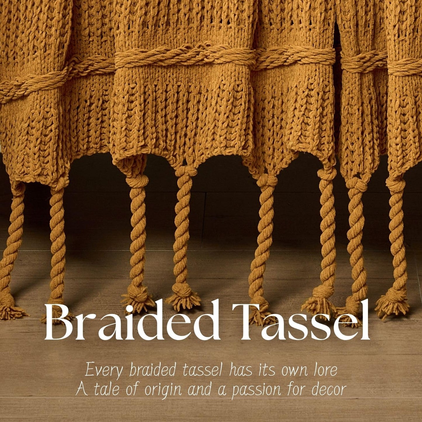Boho Knitted Chenille Blanket with Tassels - Lightweight & Soft All-Season Throw - 3D Classic Pattern for Living Room Bedroom Couch, Amber Brown, Throw 50"x60"