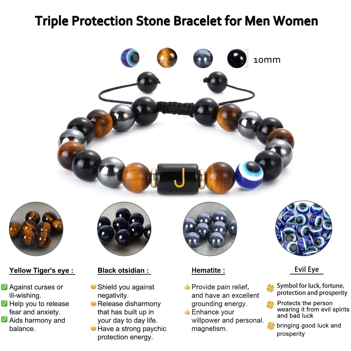 Initial Triple Protection Bracelet for Men,Black Evil Eye Tiger Eye Hematite Obsidian Good Luck Healing Crystal Stones Mens Bead Bracelet Jewelry Gift (J initial bracelet, Triple Protection)