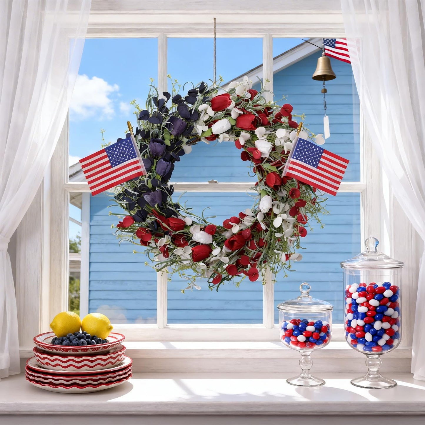 MAINGKAUNG Patriotic Wreath 22 Inch 4th of July Wreath Patriotic Wreaths for Front Door with Red White Blue Flag Tulip Eucalyptus Leaves for American Independence Day Memorial Day Flag Day Decor