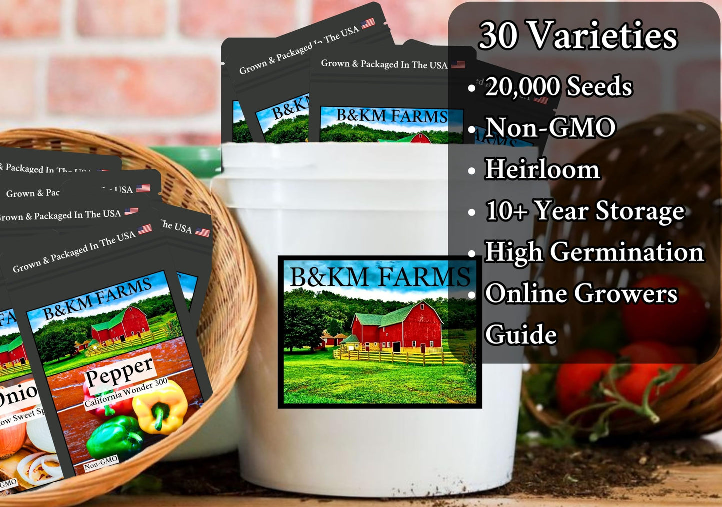 B&KM Farms 20,000+ Survival Seed Kit 5+ Year Supply. 30 Fruit & Vegetable Non-GMO Heirloom Seeds for Planting a Home Garden. Secure Emergency Weather-Proof Bucket
