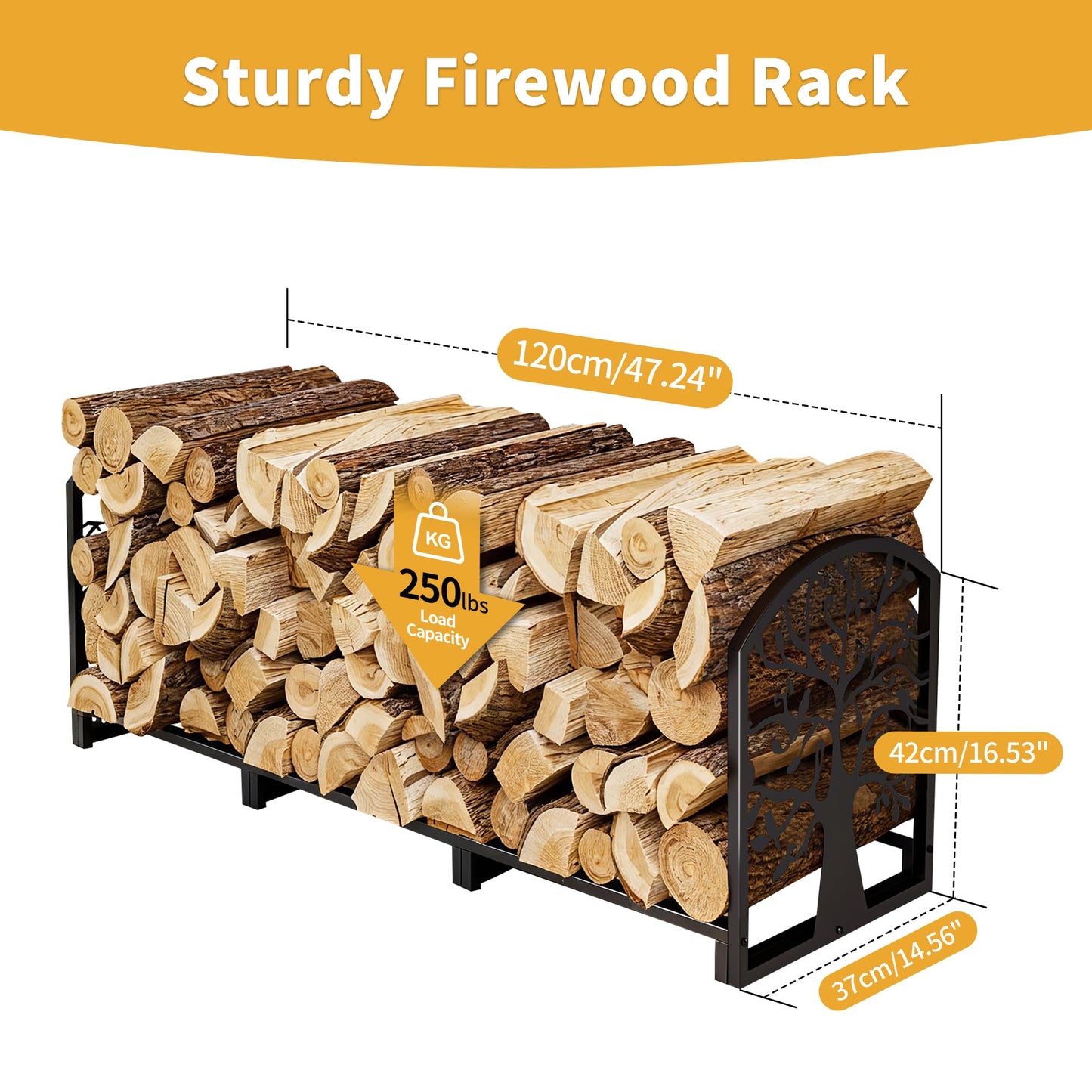 ZONVEOKE 4ft Firewood Rack Outdoor Indoor, Heavy Duty Log Storage Holder with Artistic Tree Silhouette Sides, Steel Wood Pile Stand for Backyard, Patio & Porch, Holds 1/4 Cord Firewood