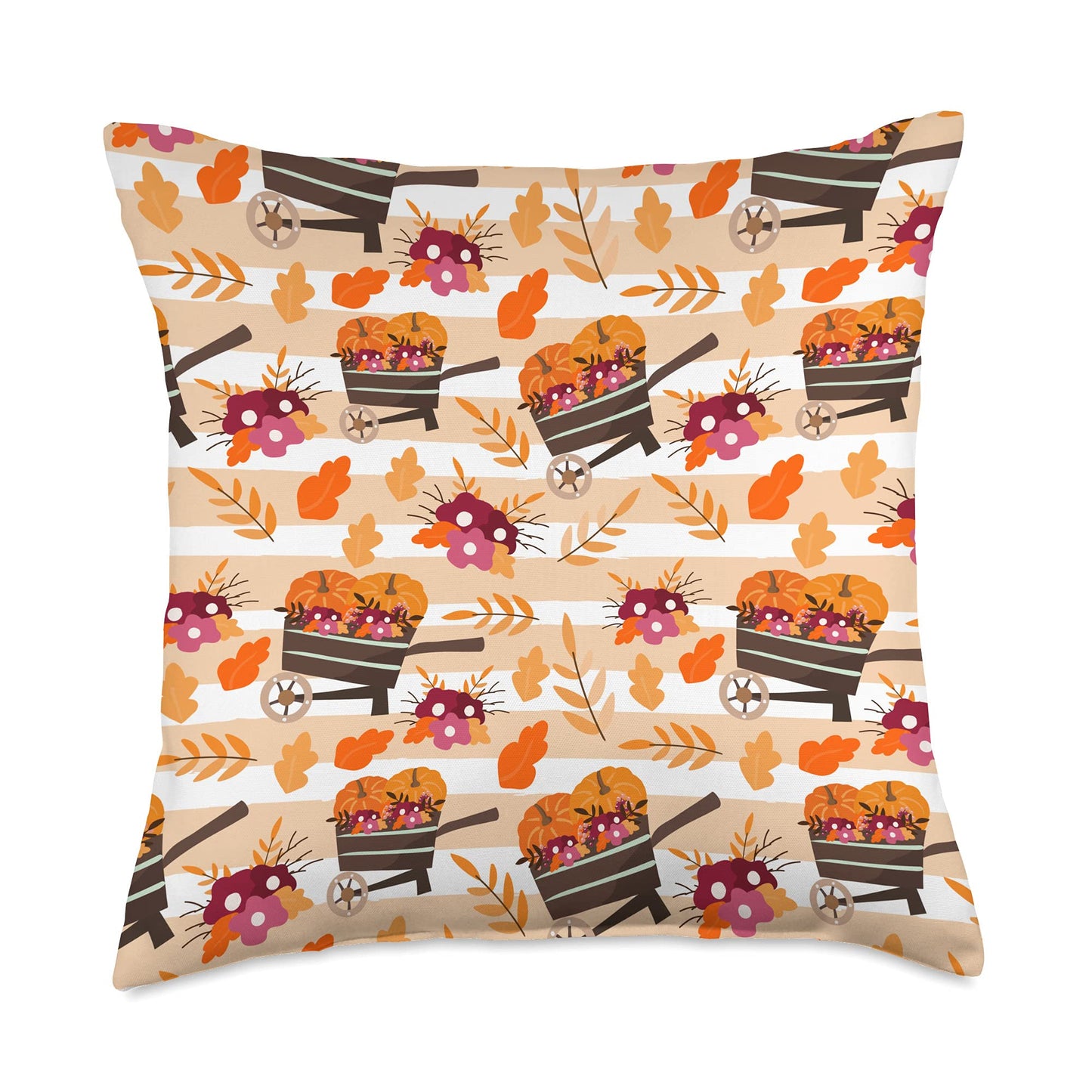 Pumpkin Wheelbarrow Harvest Leaves Fall Floral Pattern Throw Pillow