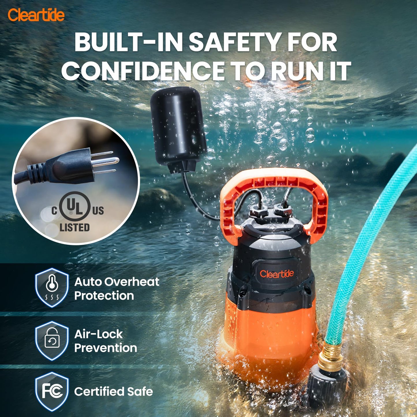 Cleartide Submersible Sump Pump with Tethered Float Switch, 1/2 HP Utility Water Pump, Electric Drain Pump Handles 3/8" Solids, 10 FT Cord