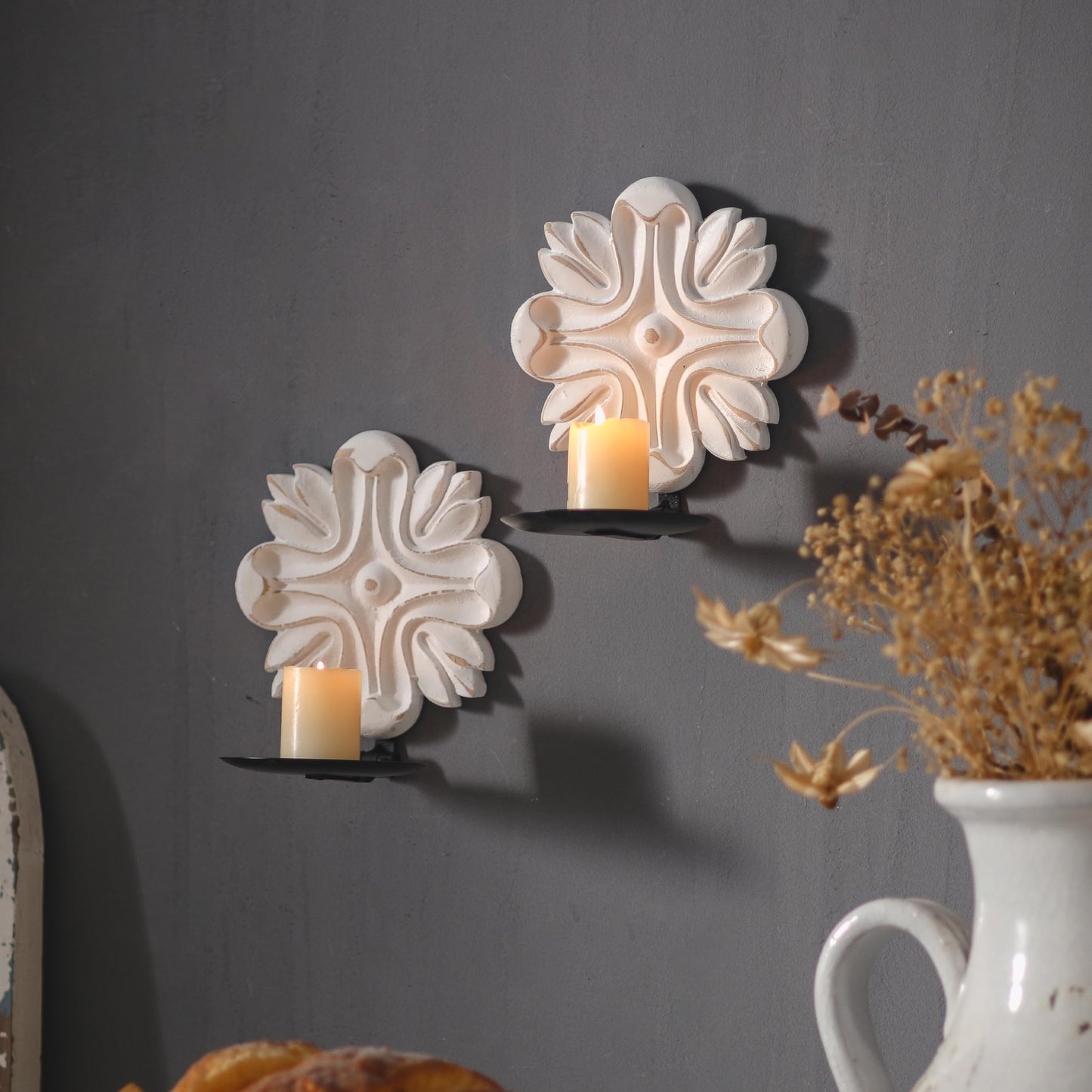 SOFE Small Wood Candle Sconces Set of 2, Carved Flower White Candle Holder for Pillar Candle, Rustic Candle Wall Holder, Living Room, Bedroom, Kitchen Art Wall Decor