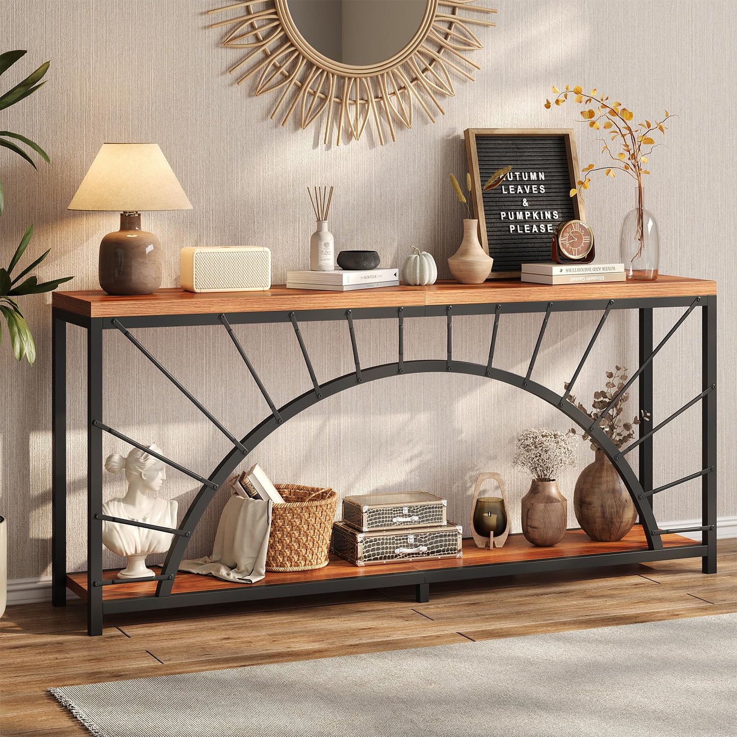 70.9 Inch Console Table, Extra Long Industrial Sofa Tables, 2-Tier Behind Couch Table, Foyer Tables for Entryway, Hallway, Living Room, Unique Design