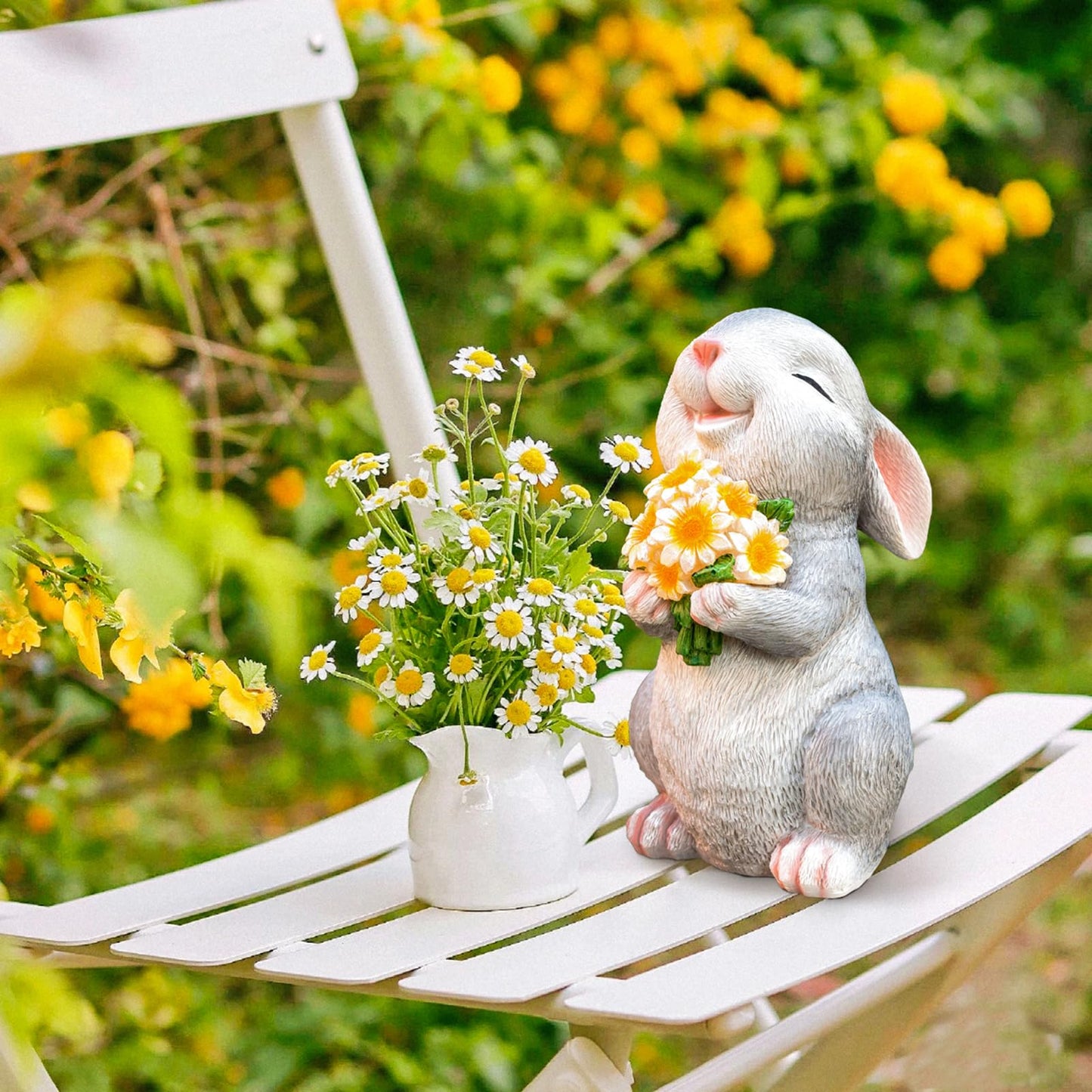 WONDHOME Solar Rabbit Garden Statues Outdoor Bunny Decor Resin Rabbit Figurine Holding Sunflower with LED Lights for Proch Patio Lawn Yard Mother's Day Christmas Birthday Gardening Gifts for Mom Women
