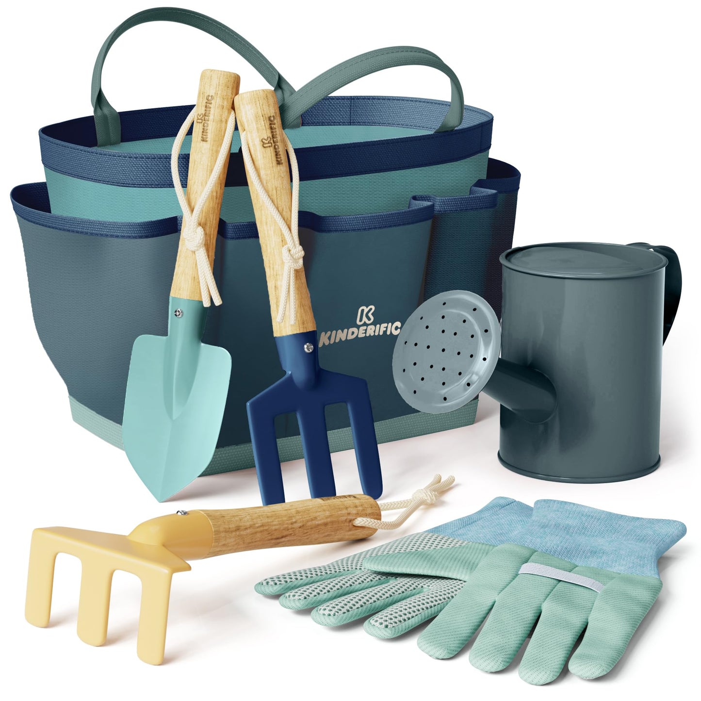Kinderific Gardening Set, Tool Kit, for Kids, STEM, Includes Tote Bag, Spade, Watering Can, Rake, Fork, Trowel and Gloves (Ocean Blue)