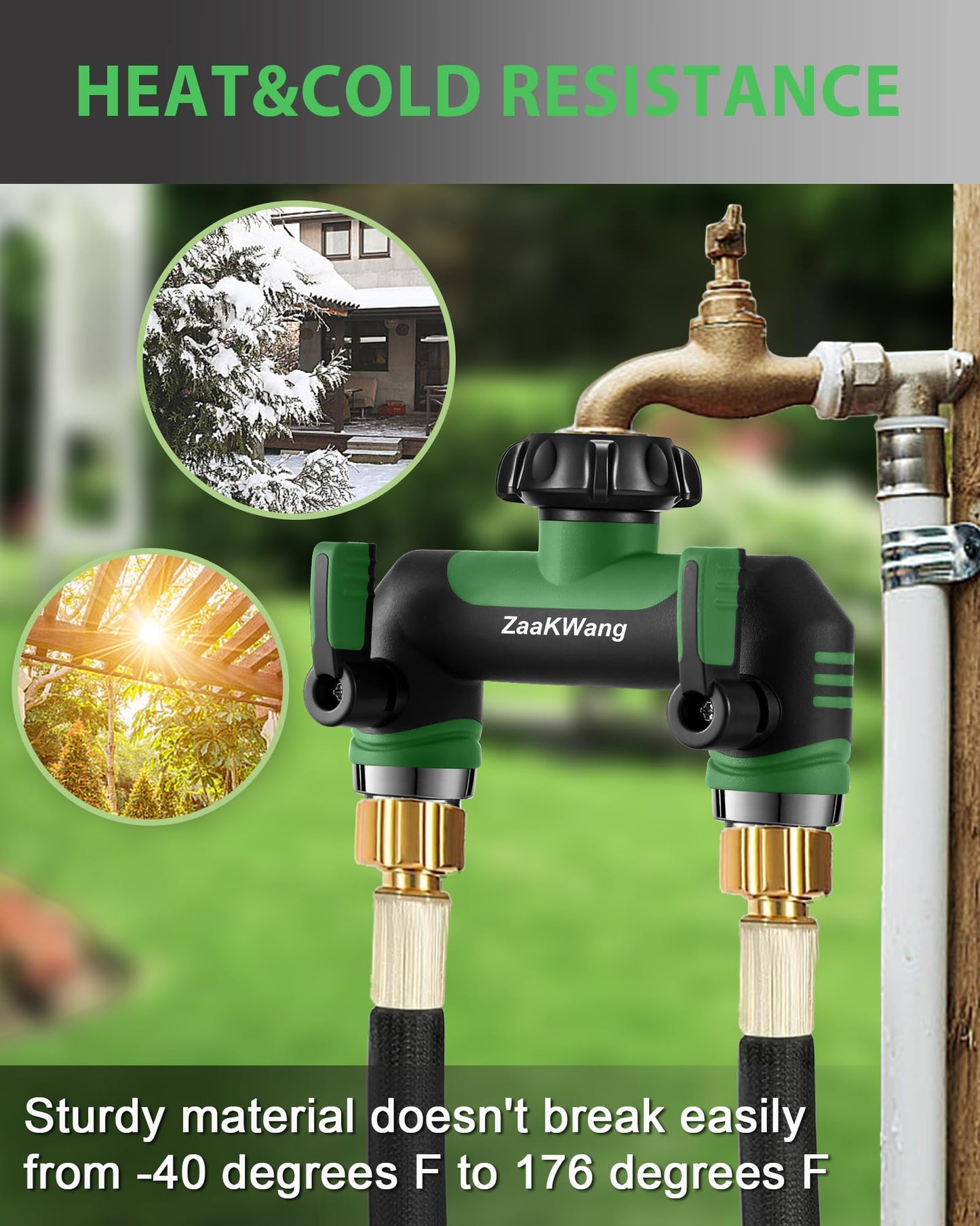 ZaakWang Garden Hose Splitter 2 Way, Heavy Duty Water Hose Spigot Bib Splitter, Outdoor Faucet Splitter with Shutoff Valve, T Adapter Connector with 3/4 - Inch GHT Thread (Green)