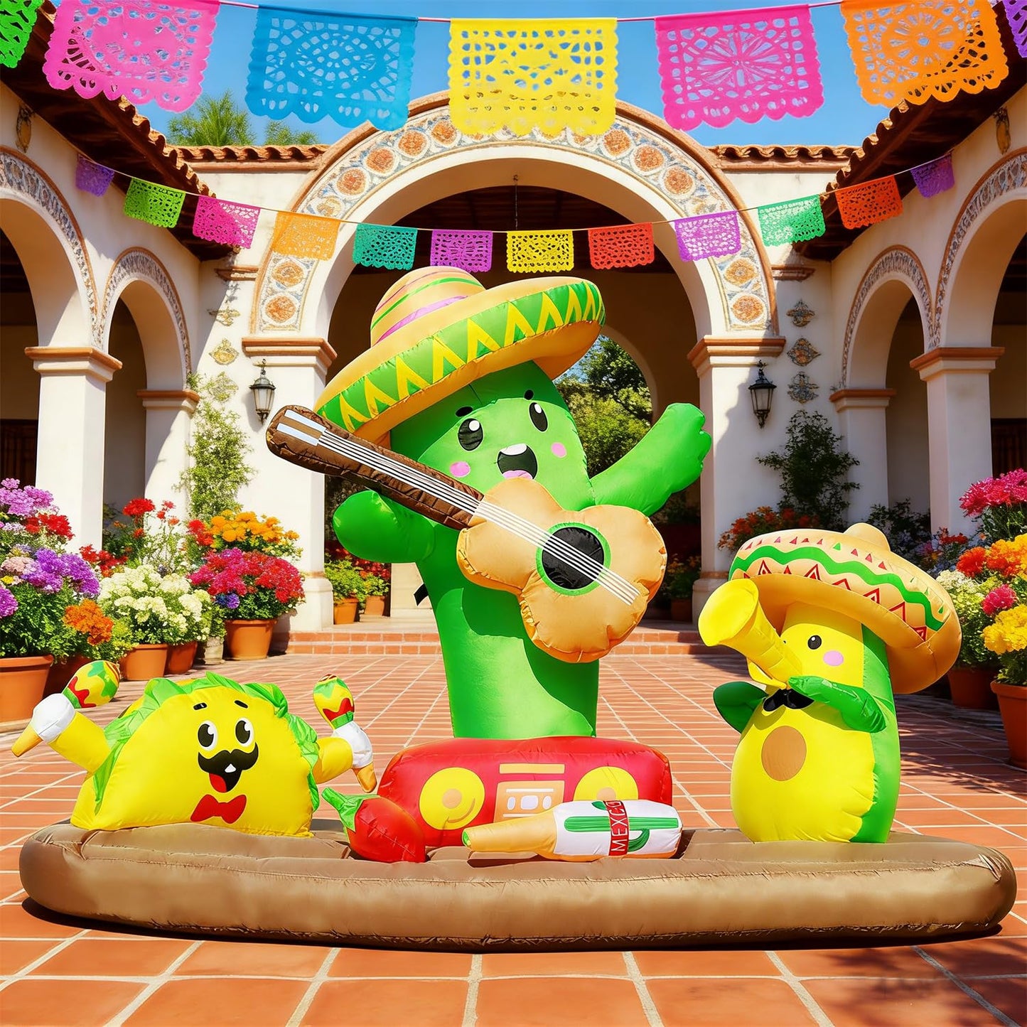 DomKom 6FT Cinco De Mayo Inflatables Fiesta Party, Blow up Outdoor Decorations Cactus Avocado Taco Mexican Party May 5 Sombreros Built-in LEDs Light Fiesta Maracas for Garden Lawn Yard