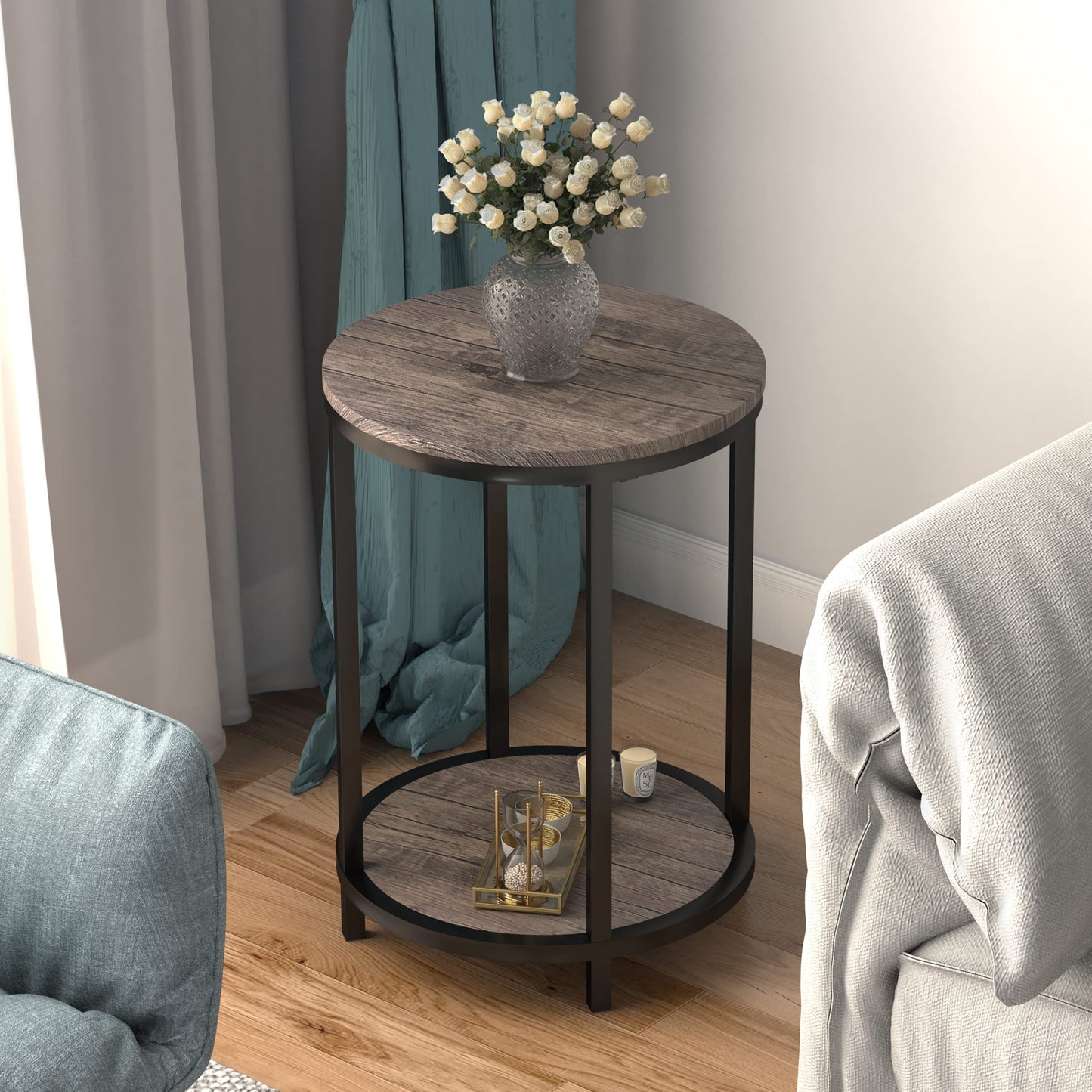 NSdirect Round Side Table,16in Rustic Wooden End Table Surface Top & Sturdy Metal Legs Nightstand for Living Room Bedroom Farmhouse Sofa Table with Storage Open Shelf,Light Walnut
