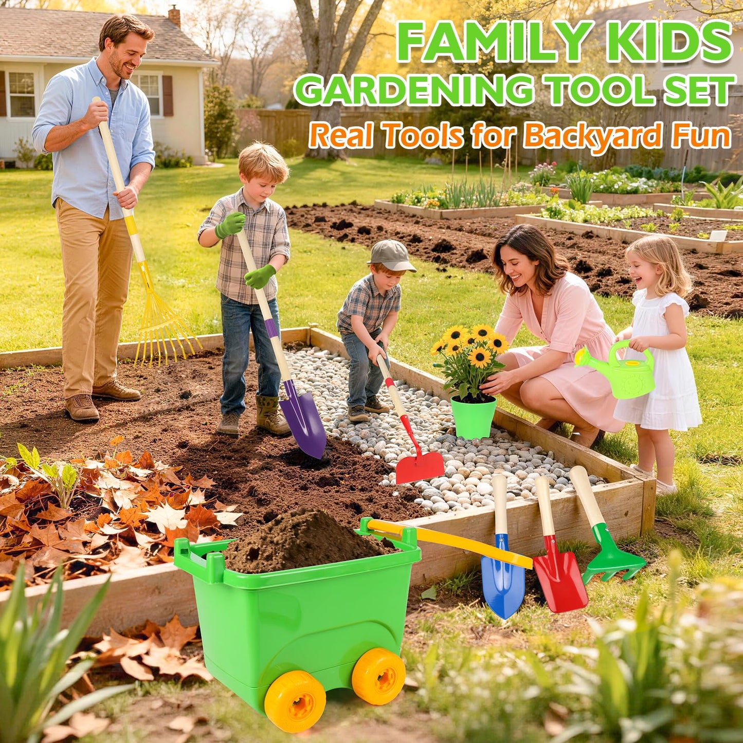 Kids Gardening Set, Outdoor Toys with Wheelbarrow and Kids Garden Tools, Toddler Gardening Set with Repotting mat, Gloves, Apron, Watering Can, Pretend Play Learning Toys for Kids Boys and Girls 3-8