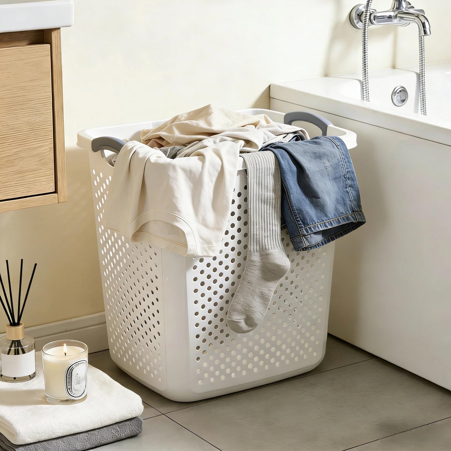 Plastic Laundry Hamper – 2.5 Bushel Large Capacity Basket with Handles, Sturdy White Clothes Hamper for Bedroom, Bathroom & Dorm