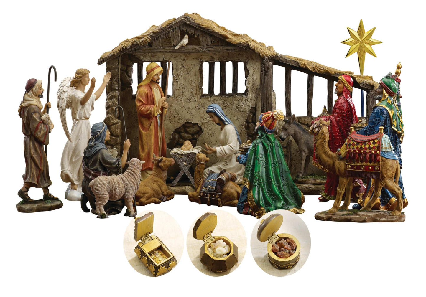 Three Kings Gifts Deluxe Edition Nativity Scene Set & Figures, 16-Pieces, 7 Inch Scale Collection with Real 23K Gold, Frankincense and Myrrh, Lighted Stable