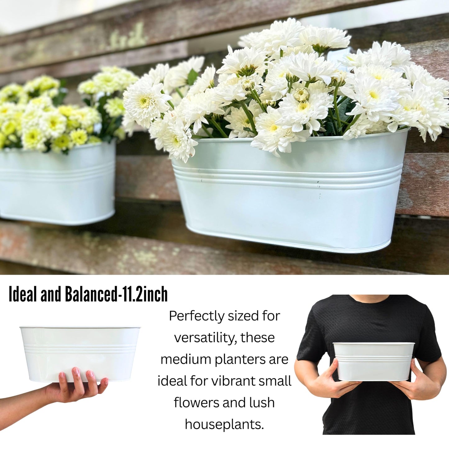 LaLaGreen Rail Planters for Outdoor (10 Pack, 11.2 Inch) White Metal Iron Strawberry Planter Hanging Flower Pots, Deck Railing Fence Bucket Wall Mount Window Box Plant Holder with Hooks Porch Decor