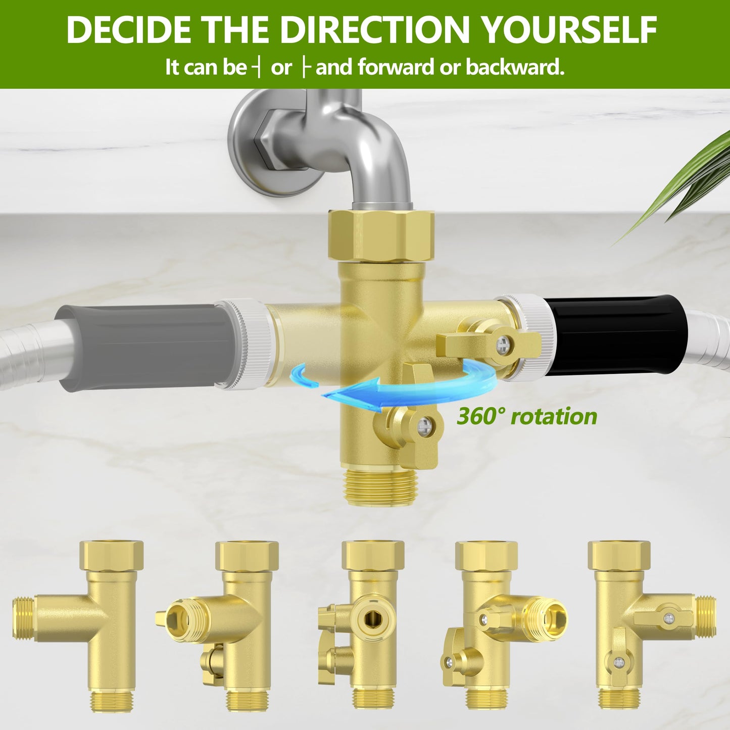SANTONG High Flow Solid Metal 2 Way ├ Type Garden Hose Splitter with Shut-Off Valves, 360 Degree Rotation 3/4" Spigot Faucet Connectors with 2 Extra Silicone Washers